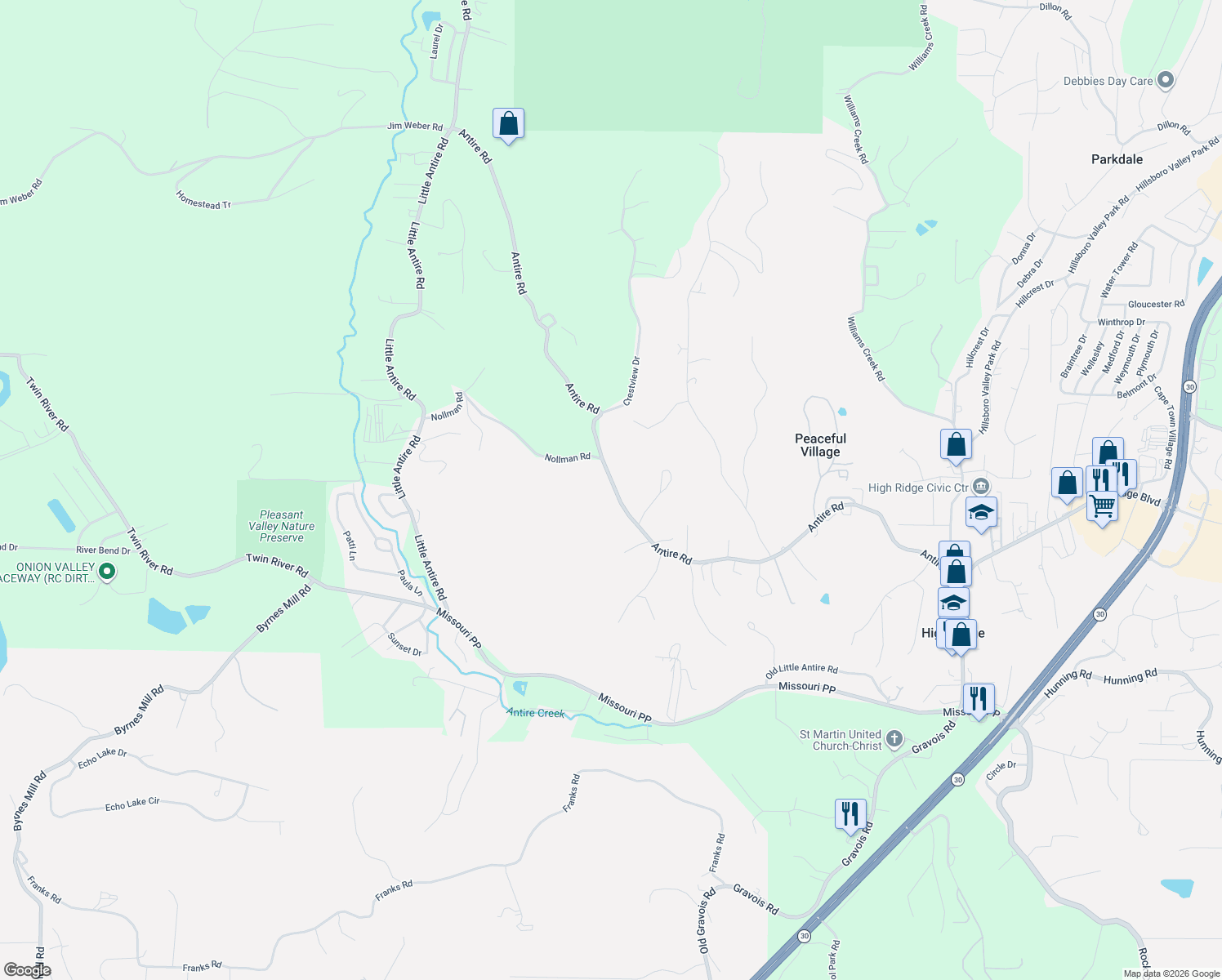 map of restaurants, bars, coffee shops, grocery stores, and more near 6240 Antire Road in High Ridge
