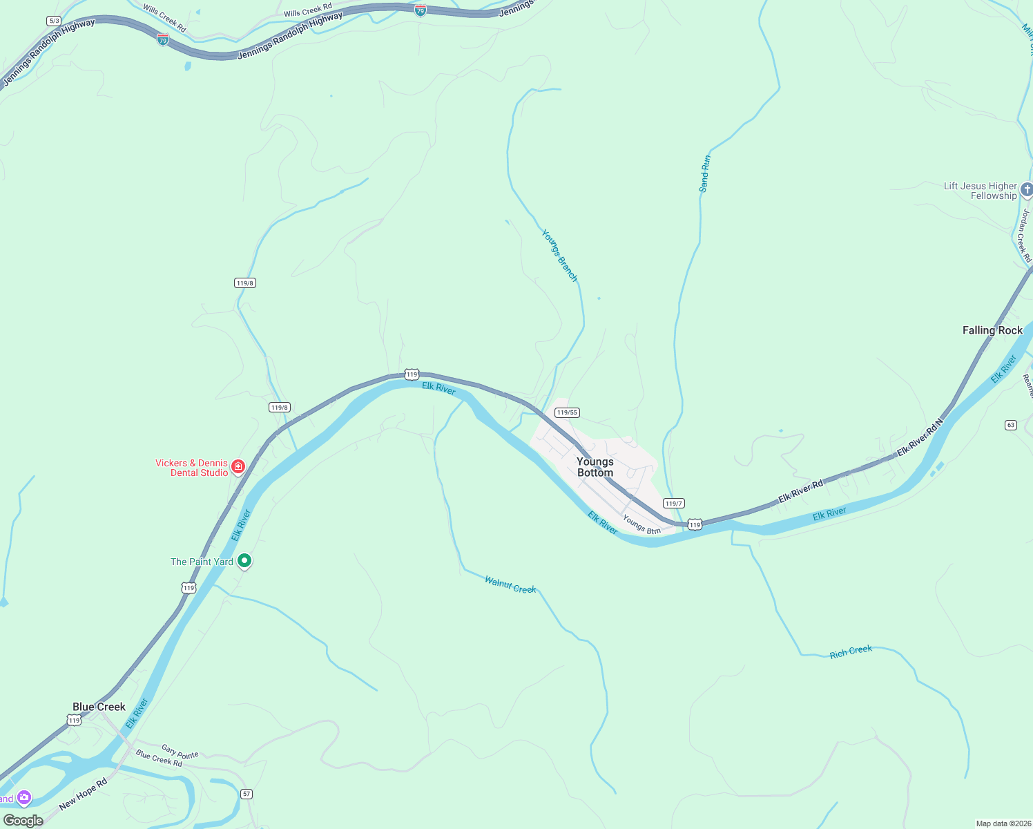 map of restaurants, bars, coffee shops, grocery stores, and more near 5318 Savannah Lane in Elkview