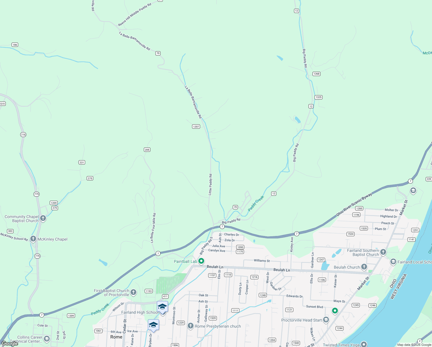 map of restaurants, bars, coffee shops, grocery stores, and more near 784 County Road 70 in Proctorville
