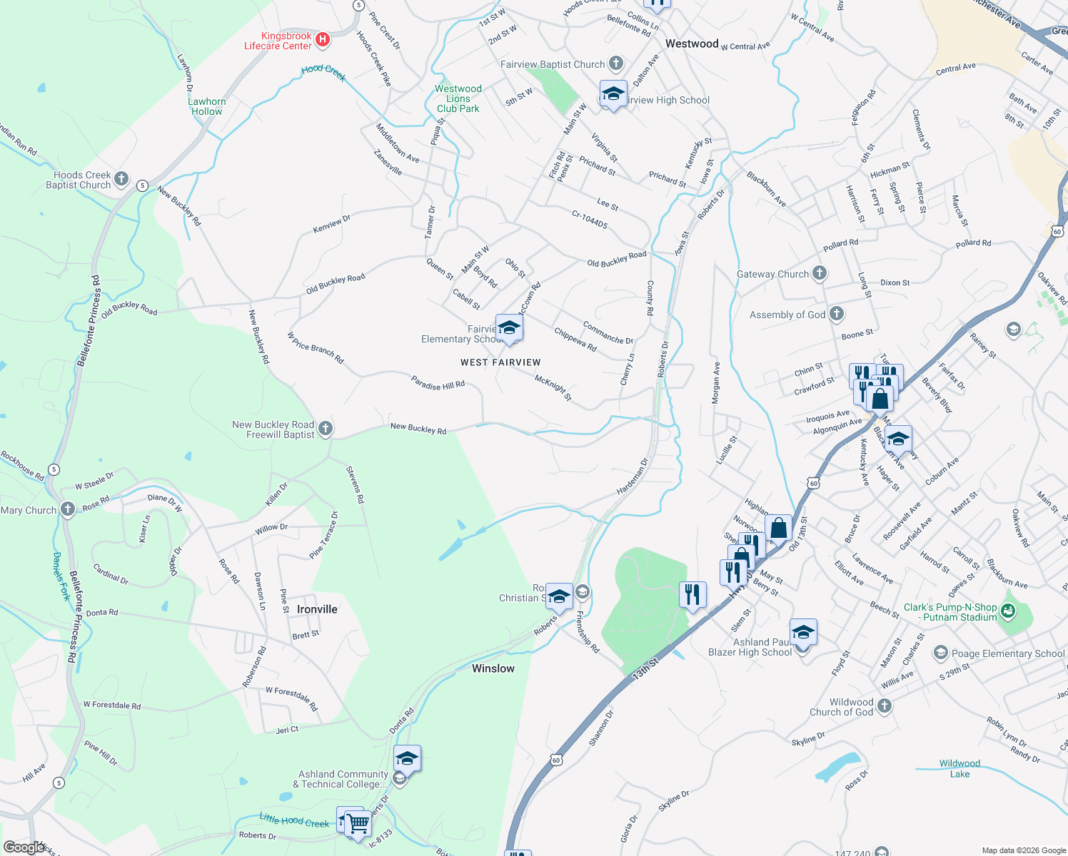 map of restaurants, bars, coffee shops, grocery stores, and more near 533 West New Buckley Road in Ashland