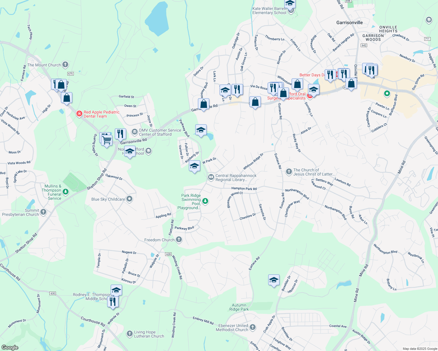 map of restaurants, bars, coffee shops, grocery stores, and more near 111 Jonnycake Court in Stafford