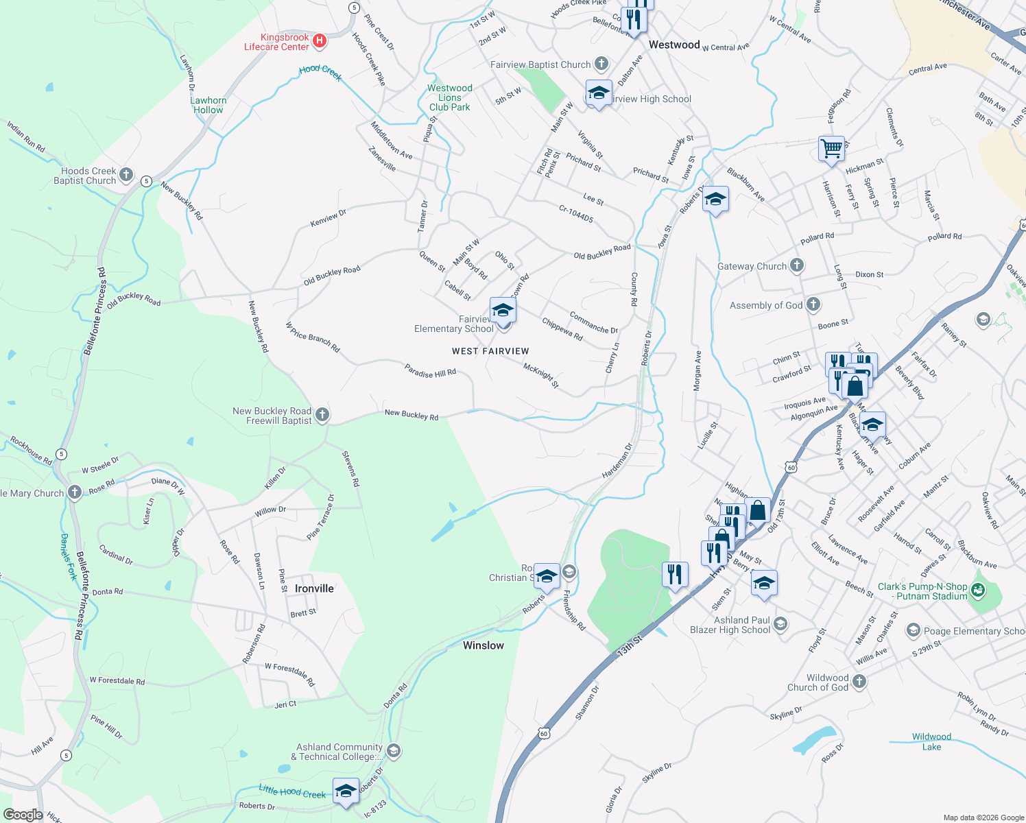 map of restaurants, bars, coffee shops, grocery stores, and more near 533 New Buckley Road in Ashland