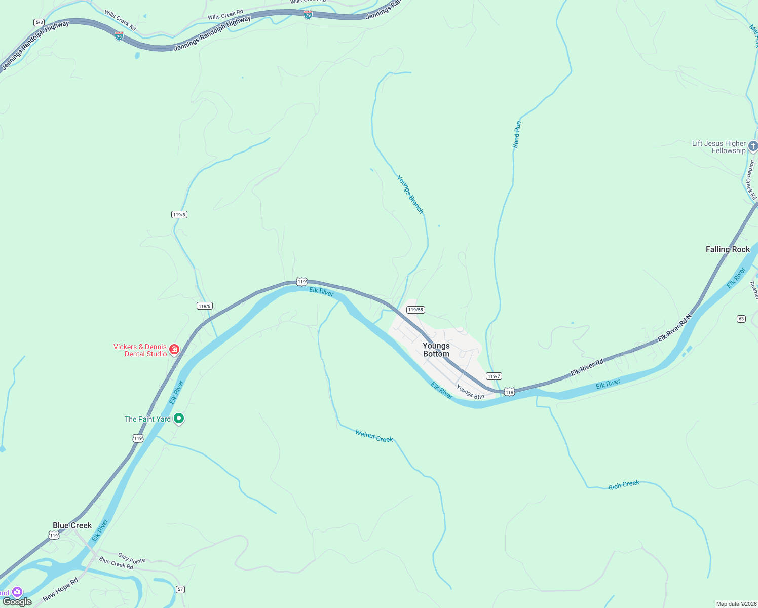 map of restaurants, bars, coffee shops, grocery stores, and more near 5318 Savannah Lane in Elkview