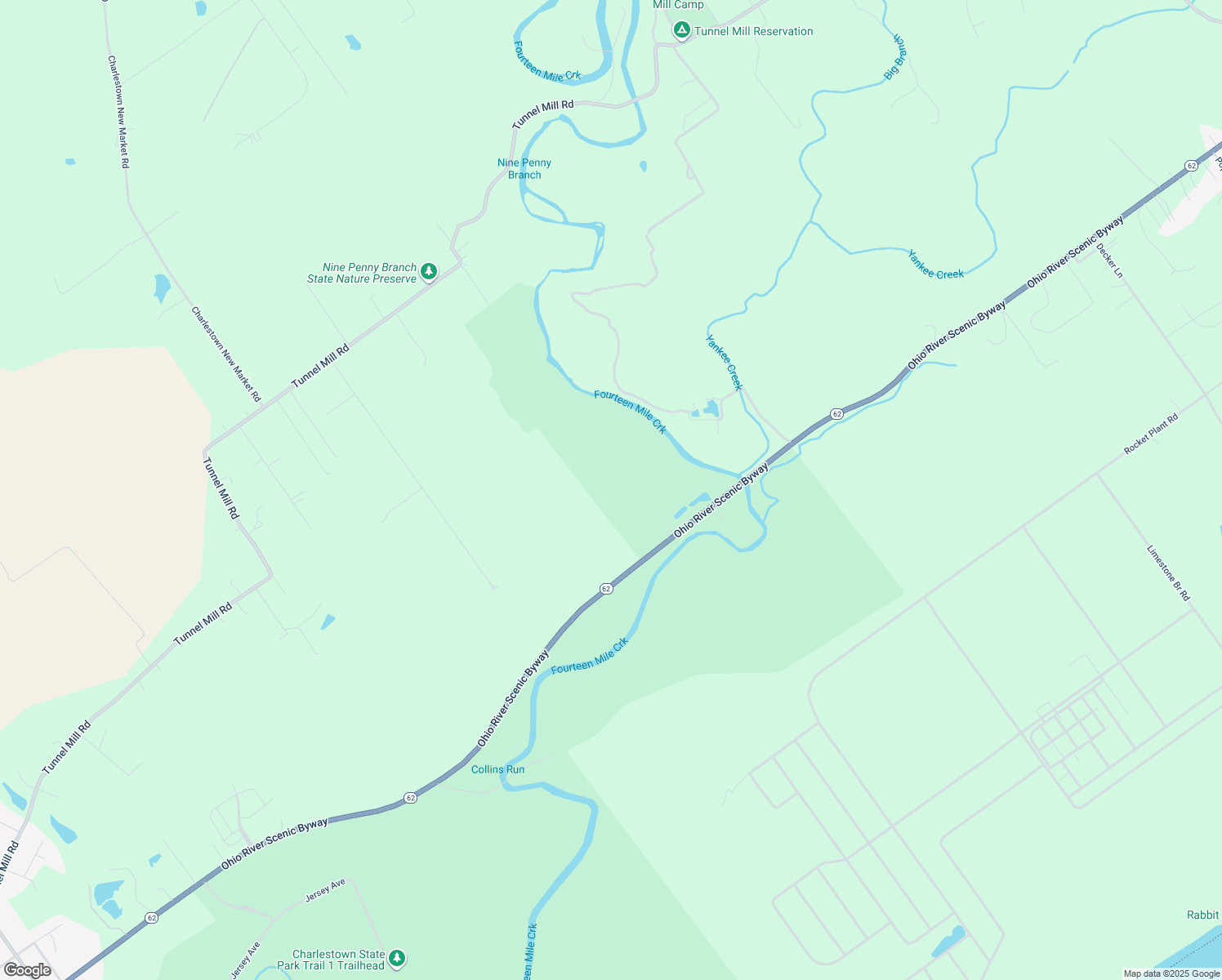 map of restaurants, bars, coffee shops, grocery stores, and more near 14309 Indiana 62 in Charlestown