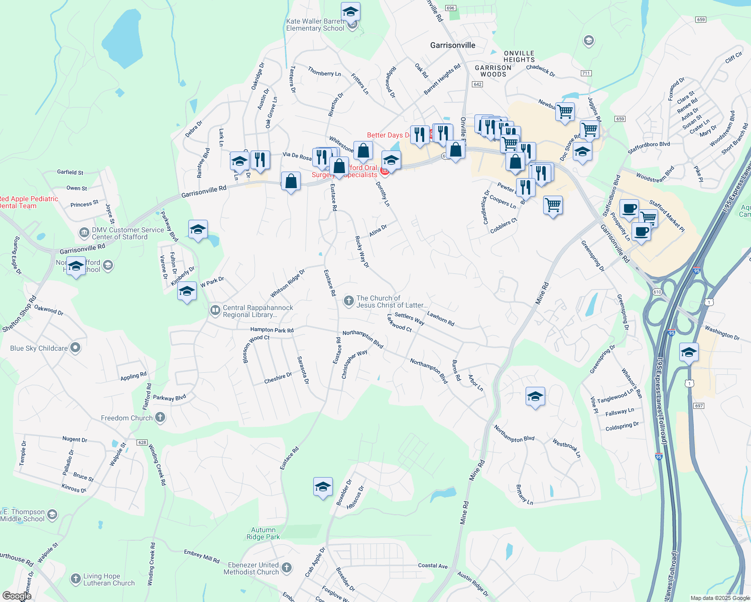 map of restaurants, bars, coffee shops, grocery stores, and more near 20 Darbywood Court in Stafford