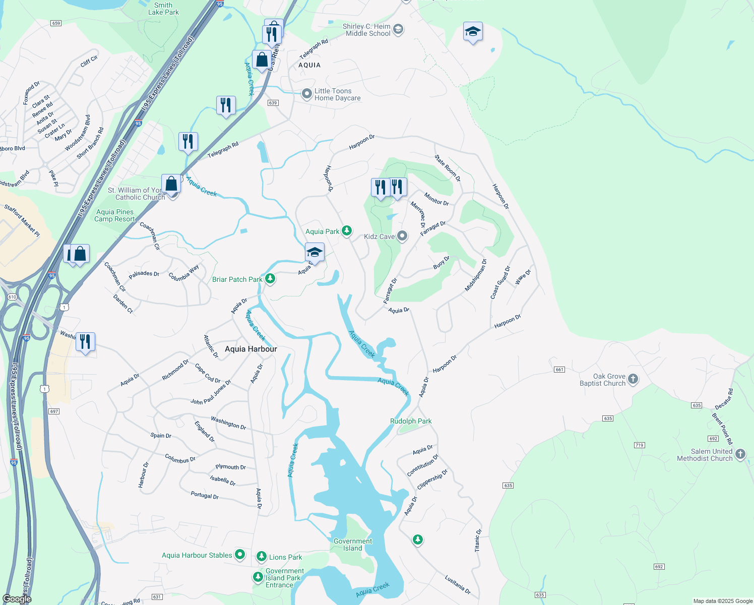map of restaurants, bars, coffee shops, grocery stores, and more near 2164 Aquia Dr in Stafford