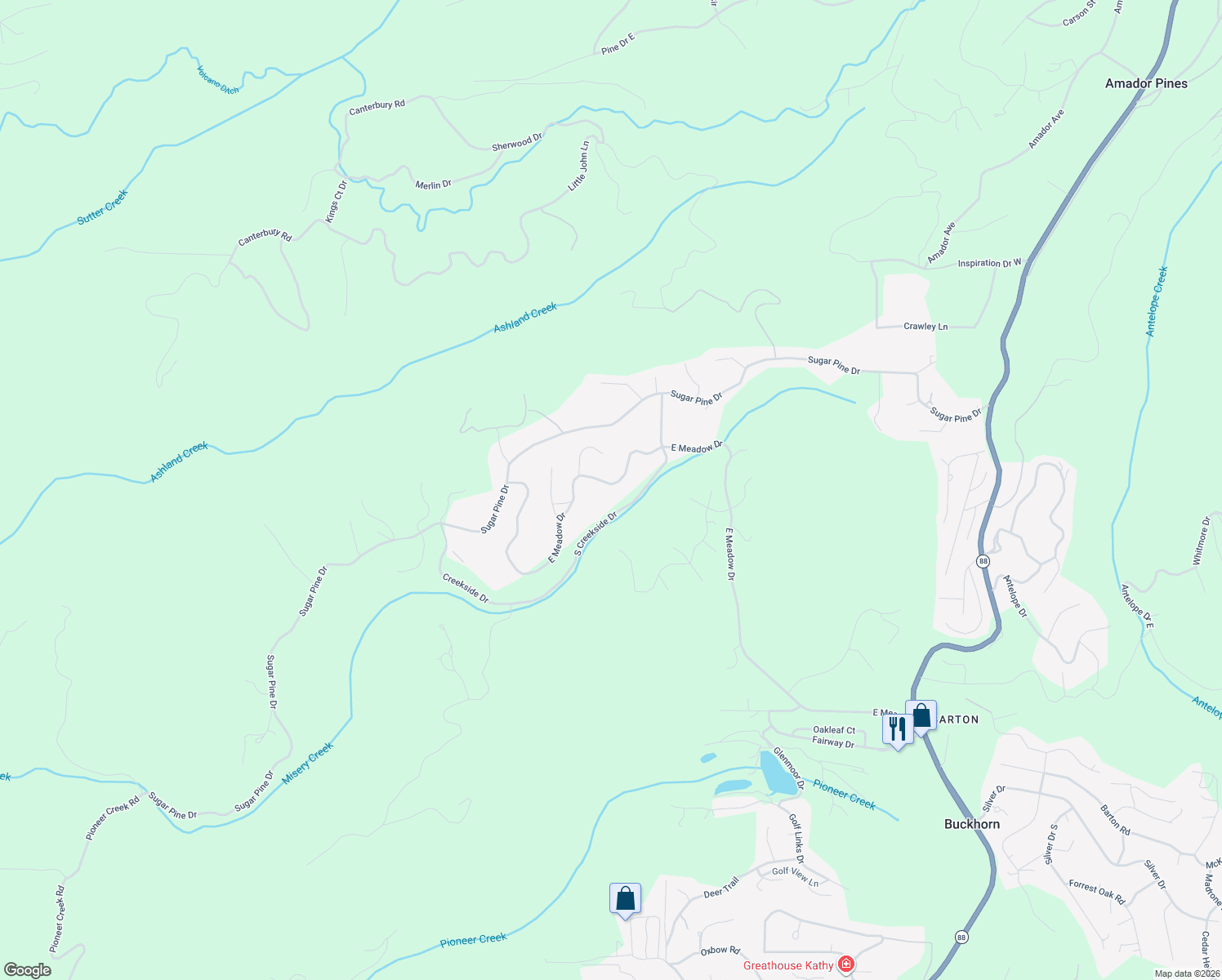 map of restaurants, bars, coffee shops, grocery stores, and more near 25714 East Meadow Drive in Pioneer