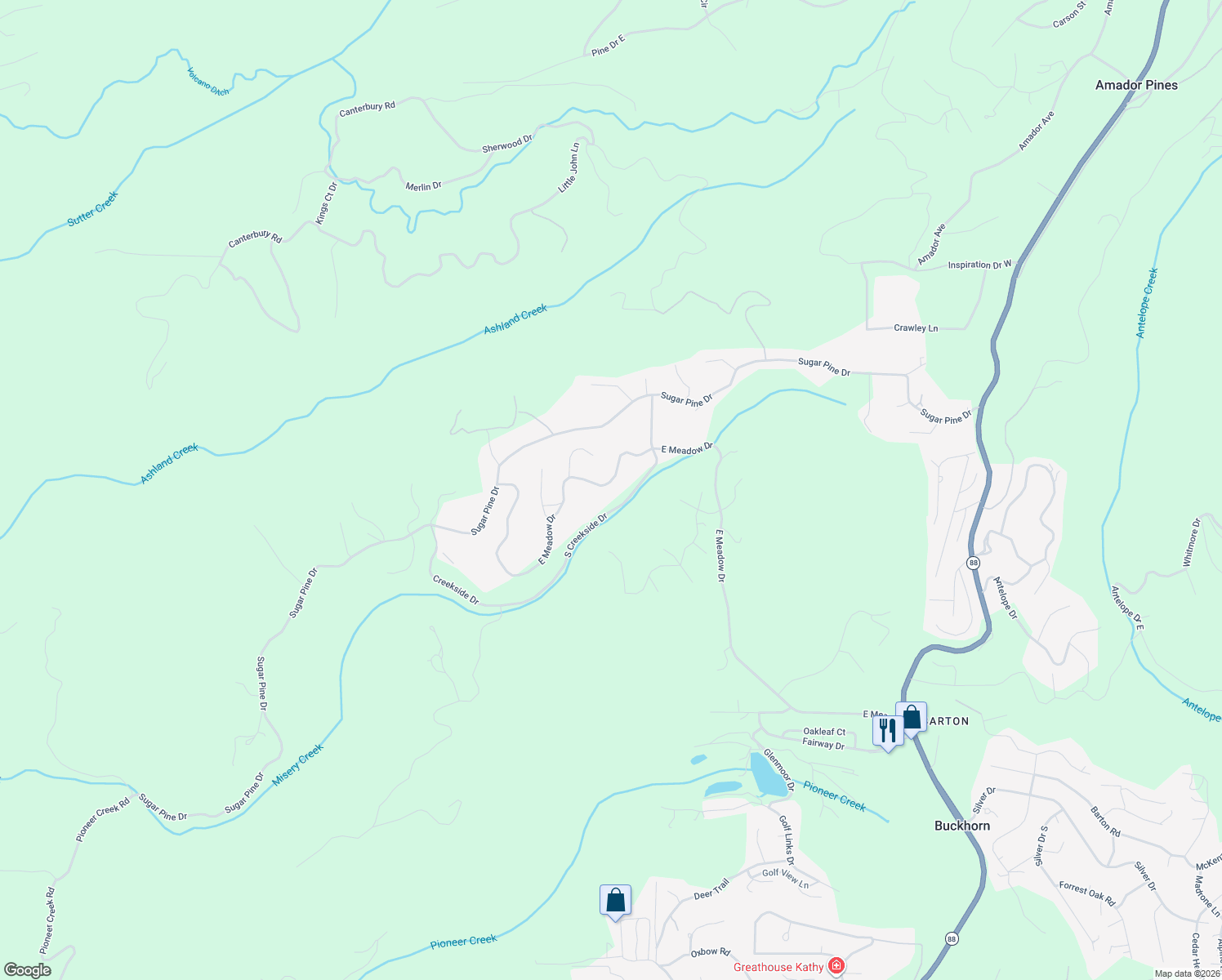 map of restaurants, bars, coffee shops, grocery stores, and more near 25714 East Meadow Drive in Pioneer