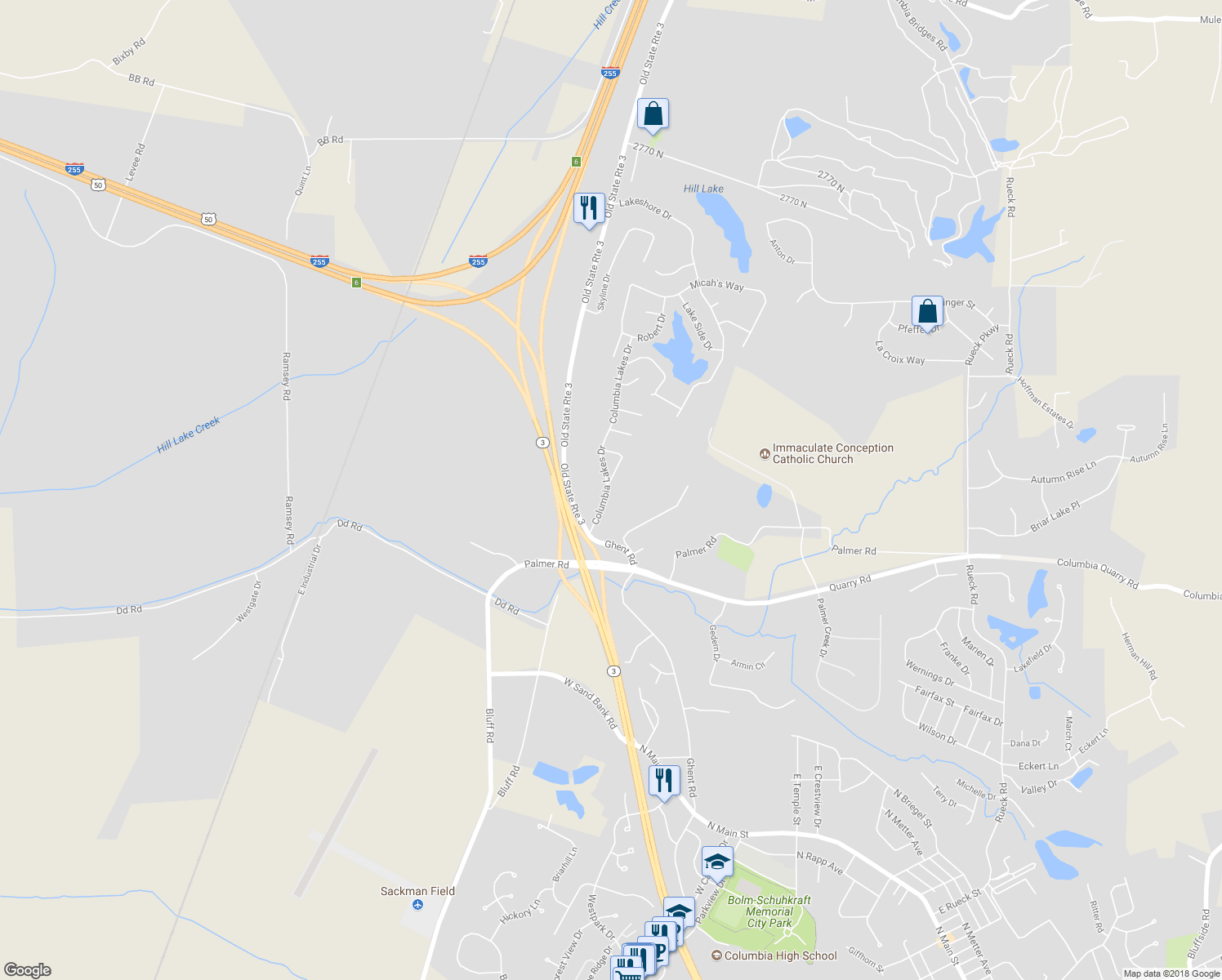 map of restaurants, bars, coffee shops, grocery stores, and more near 2502 Columbia Lakes Drive in Columbia