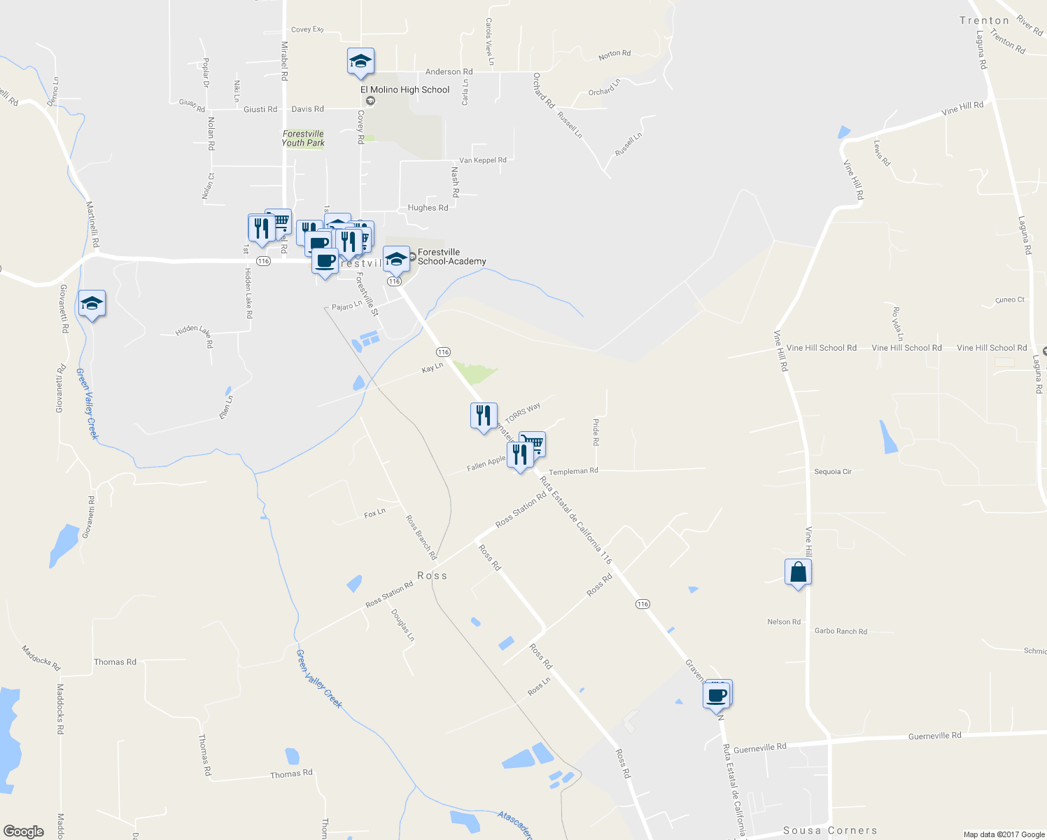 map of restaurants, bars, coffee shops, grocery stores, and more near 9341 TORRS Way in Forestville