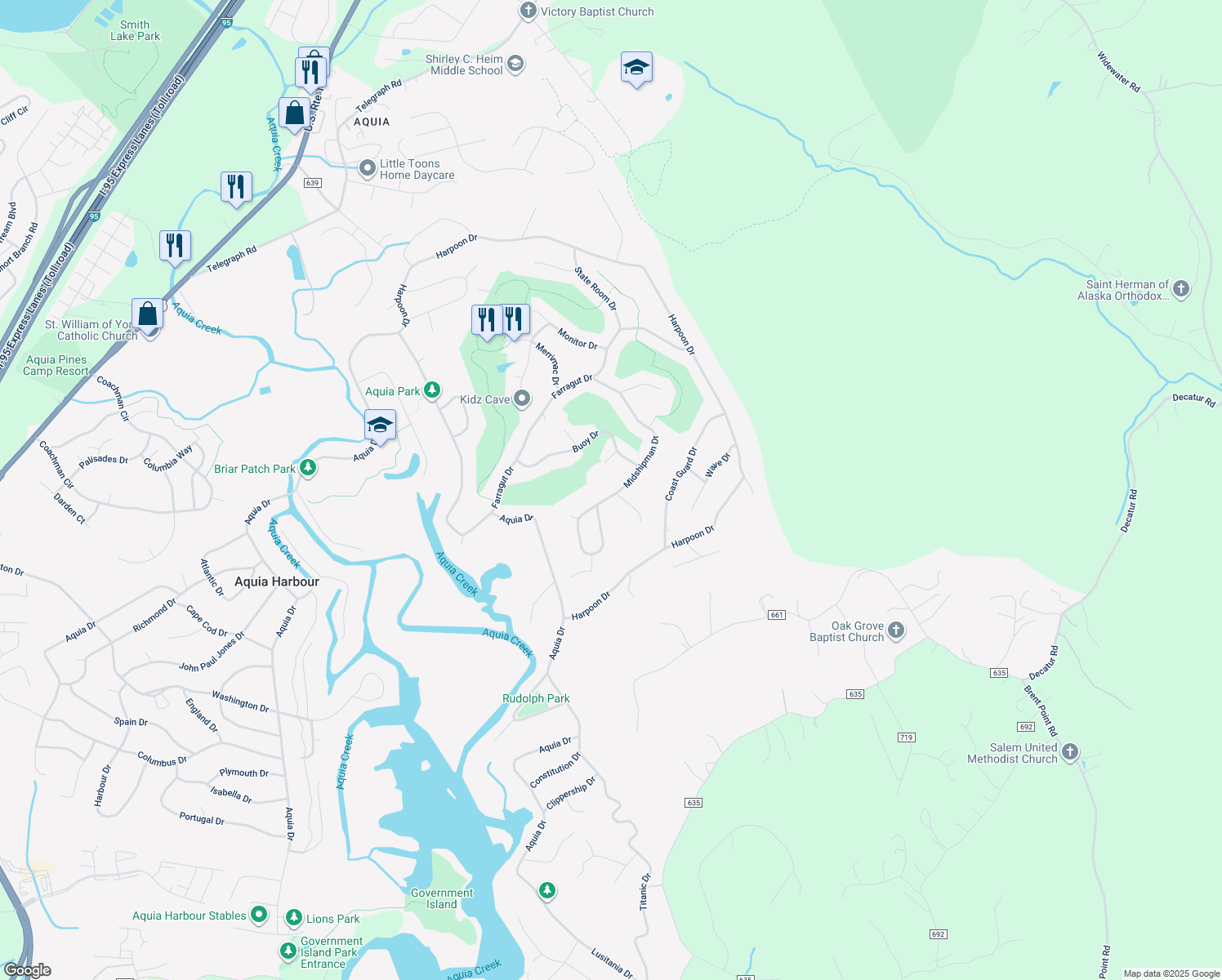 map of restaurants, bars, coffee shops, grocery stores, and more near 2045 Midshipman Dr in Stafford