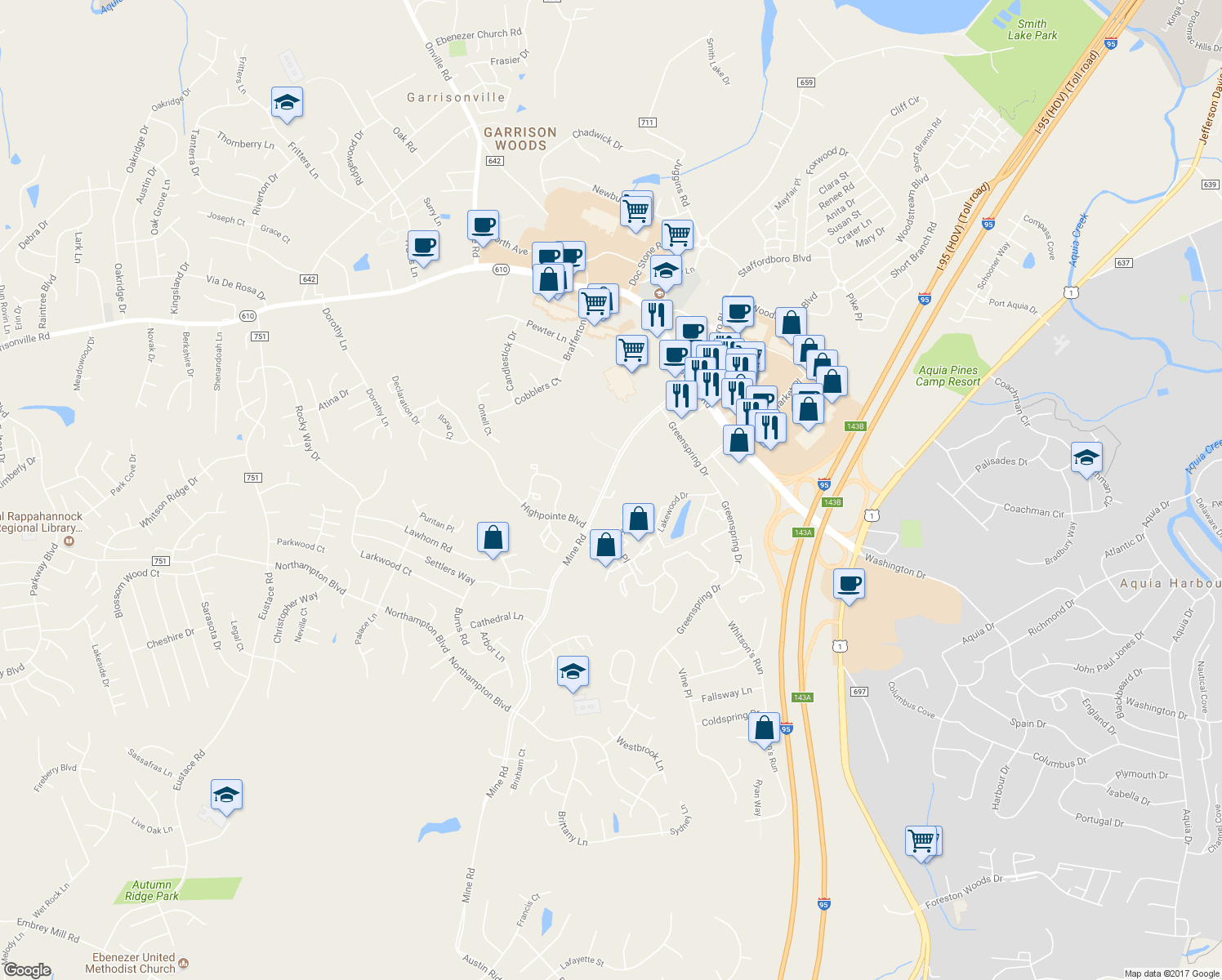 map of restaurants, bars, coffee shops, grocery stores, and more near 107 Mine Road in Stafford
