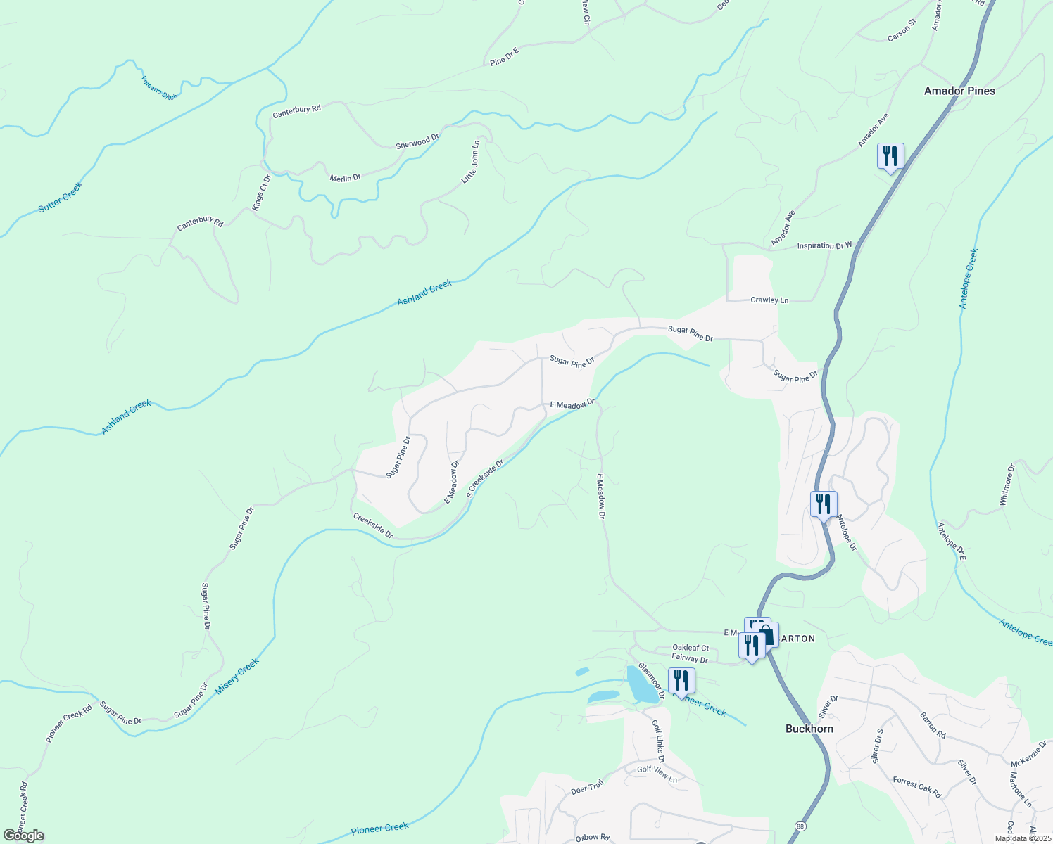 map of restaurants, bars, coffee shops, grocery stores, and more near 25824 Meadow Drive in Pioneer