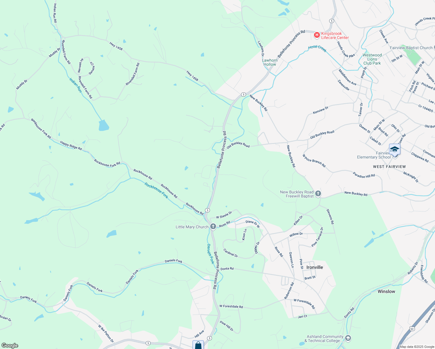 map of restaurants, bars, coffee shops, grocery stores, and more near 1601 West Felty Road in Ashland