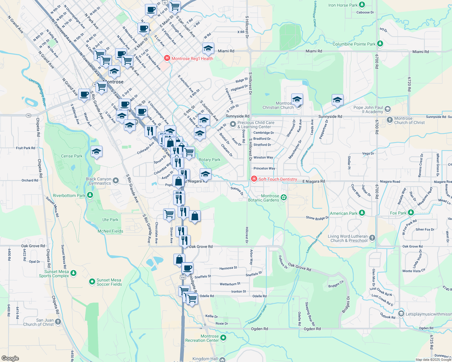 map of restaurants, bars, coffee shops, grocery stores, and more near 1821 East Niagara Road in Montrose