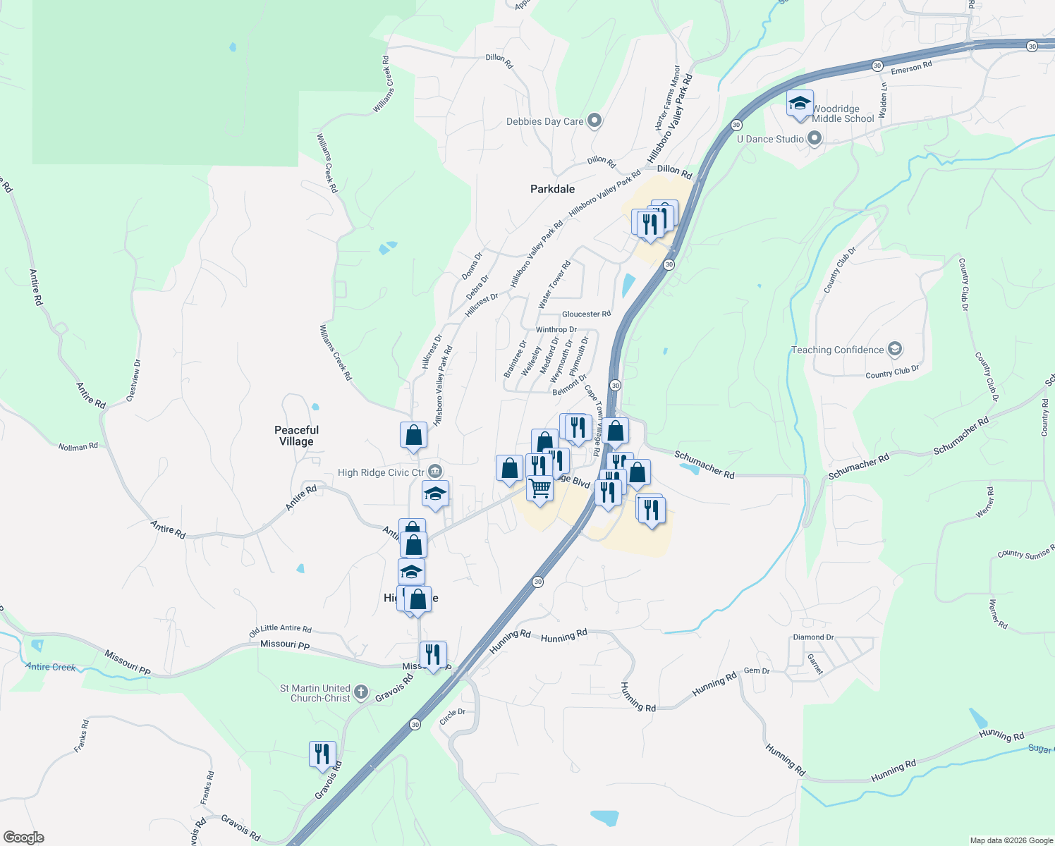 map of restaurants, bars, coffee shops, grocery stores, and more near 2666 Ridge Dr in High Ridge