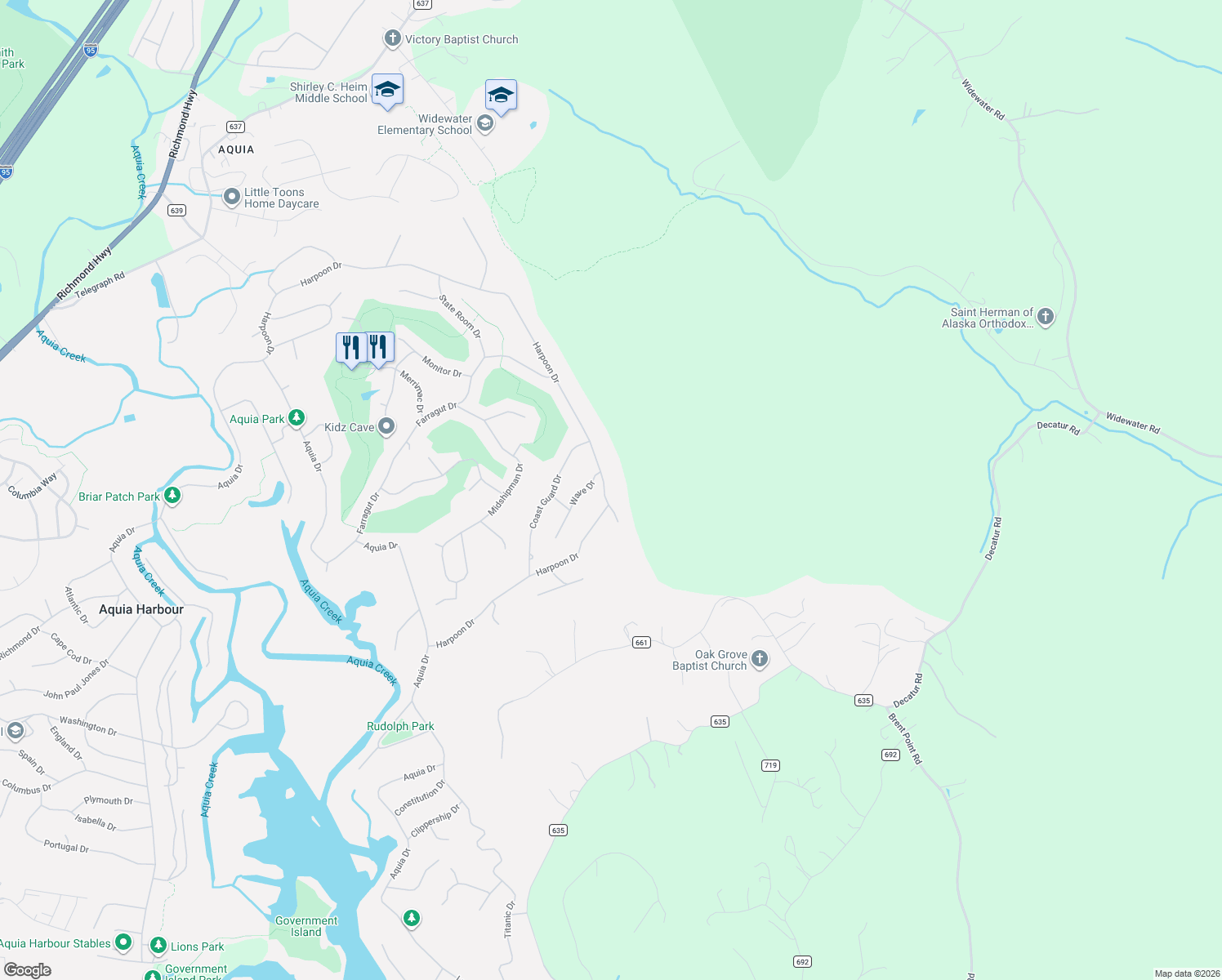 map of restaurants, bars, coffee shops, grocery stores, and more near 2318 Harpoon Drive in Stafford
