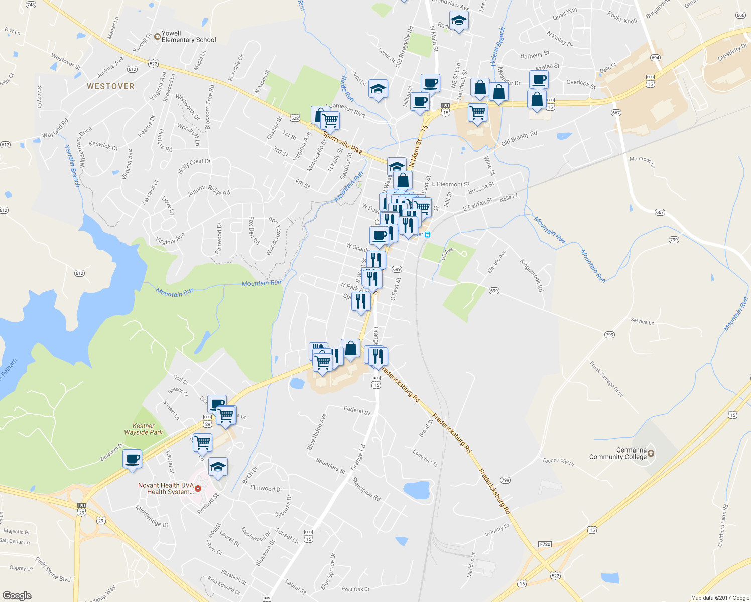 map of restaurants, bars, coffee shops, grocery stores, and more near 901 Orange Road in Culpeper
