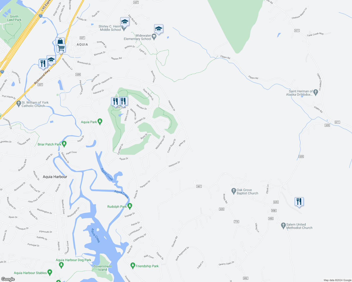 map of restaurants, bars, coffee shops, grocery stores, and more near 2027 Coast Guard Drive in Stafford