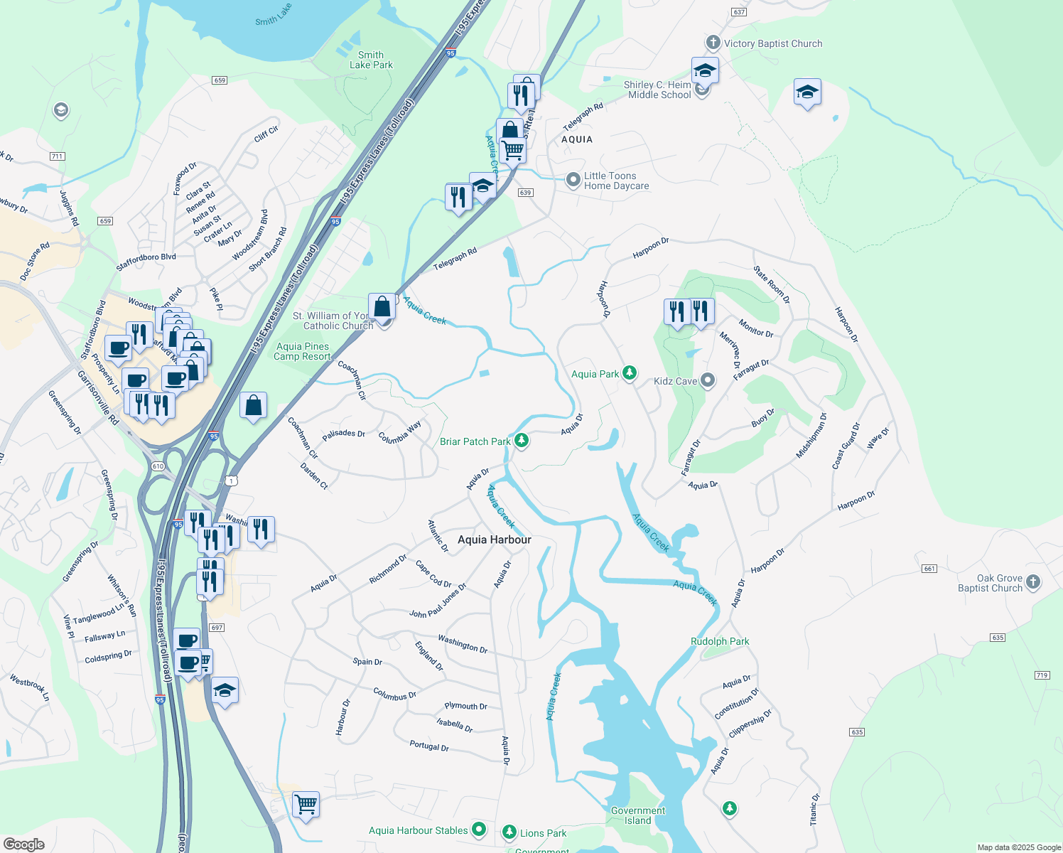 map of restaurants, bars, coffee shops, grocery stores, and more near 2028 Aquia Drive in Stafford