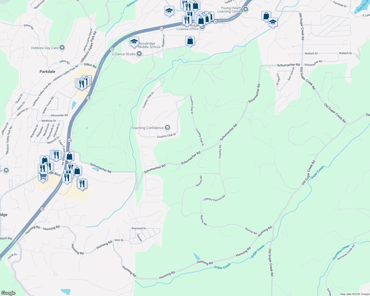 map of restaurants, bars, coffee shops, grocery stores, and more near 2662 Greenway Drive in High Ridge