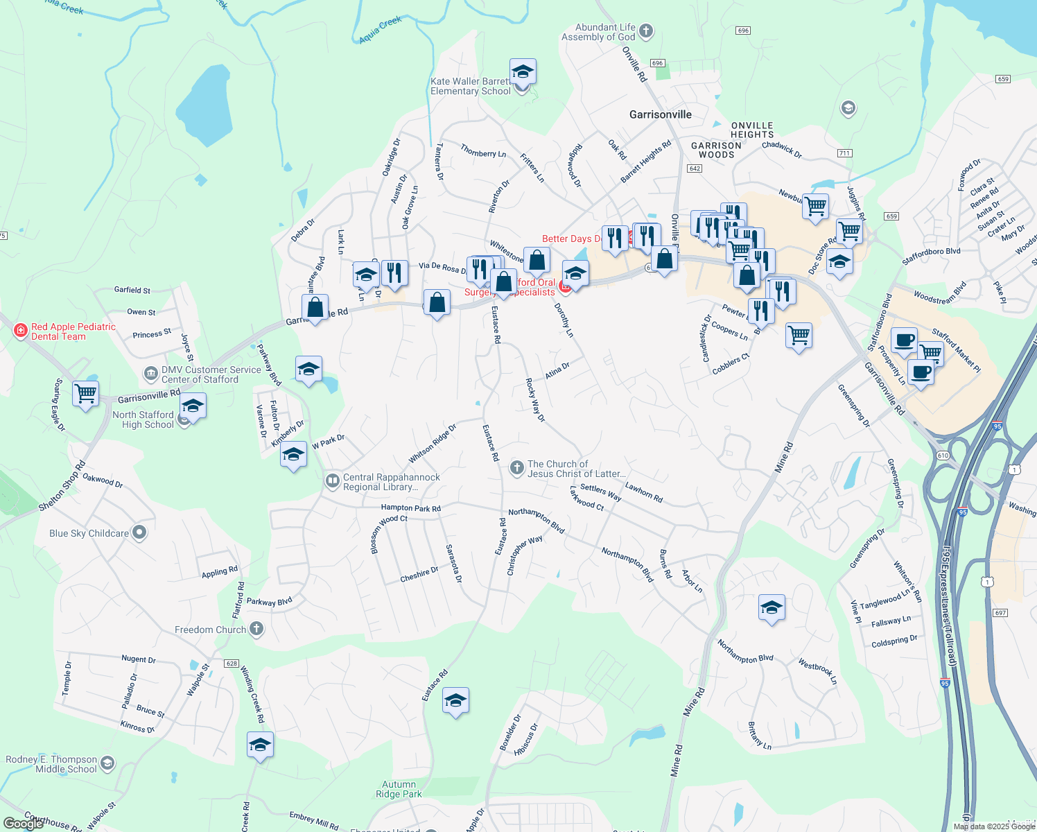 map of restaurants, bars, coffee shops, grocery stores, and more near 7 Lee Court in Stafford