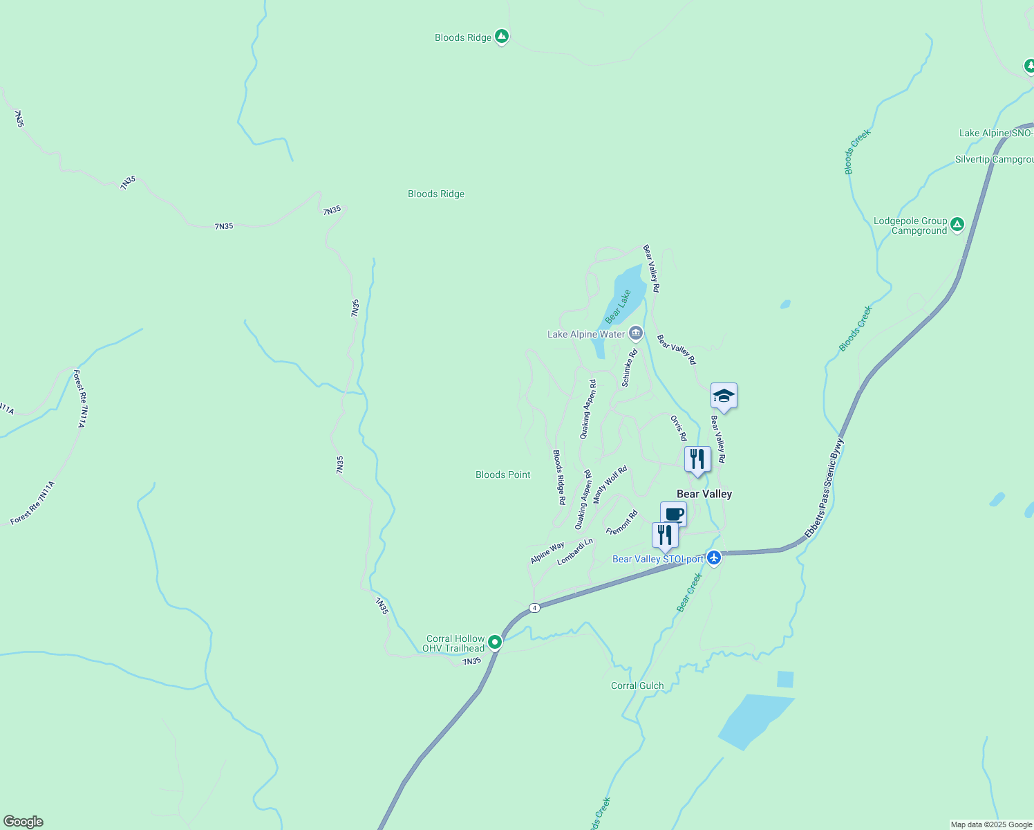 map of restaurants, bars, coffee shops, grocery stores, and more near 21 Avalanche Road in Bear Valley