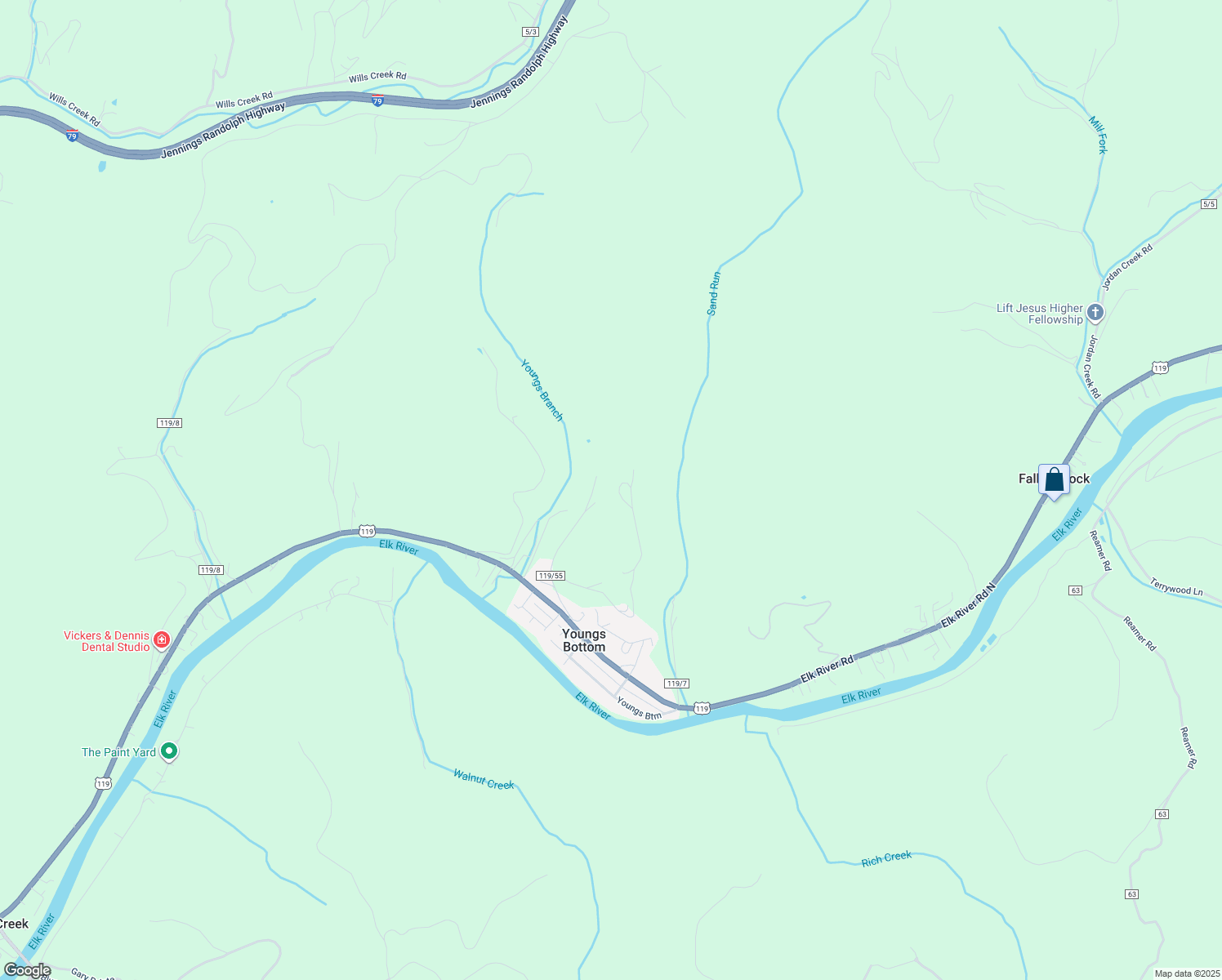 map of restaurants, bars, coffee shops, grocery stores, and more near Panther Mountain in Elkview
