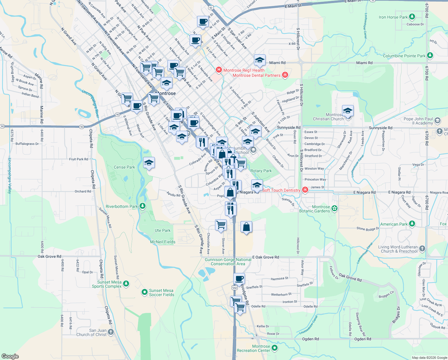 map of restaurants, bars, coffee shops, grocery stores, and more near 19 Aspen Street in Montrose