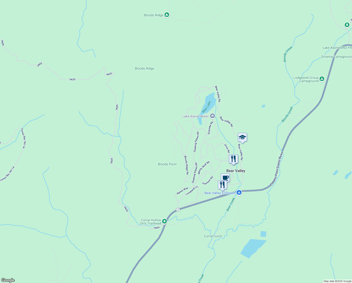 map of restaurants, bars, coffee shops, grocery stores, and more near 21 Avalanche Road in Bear Valley