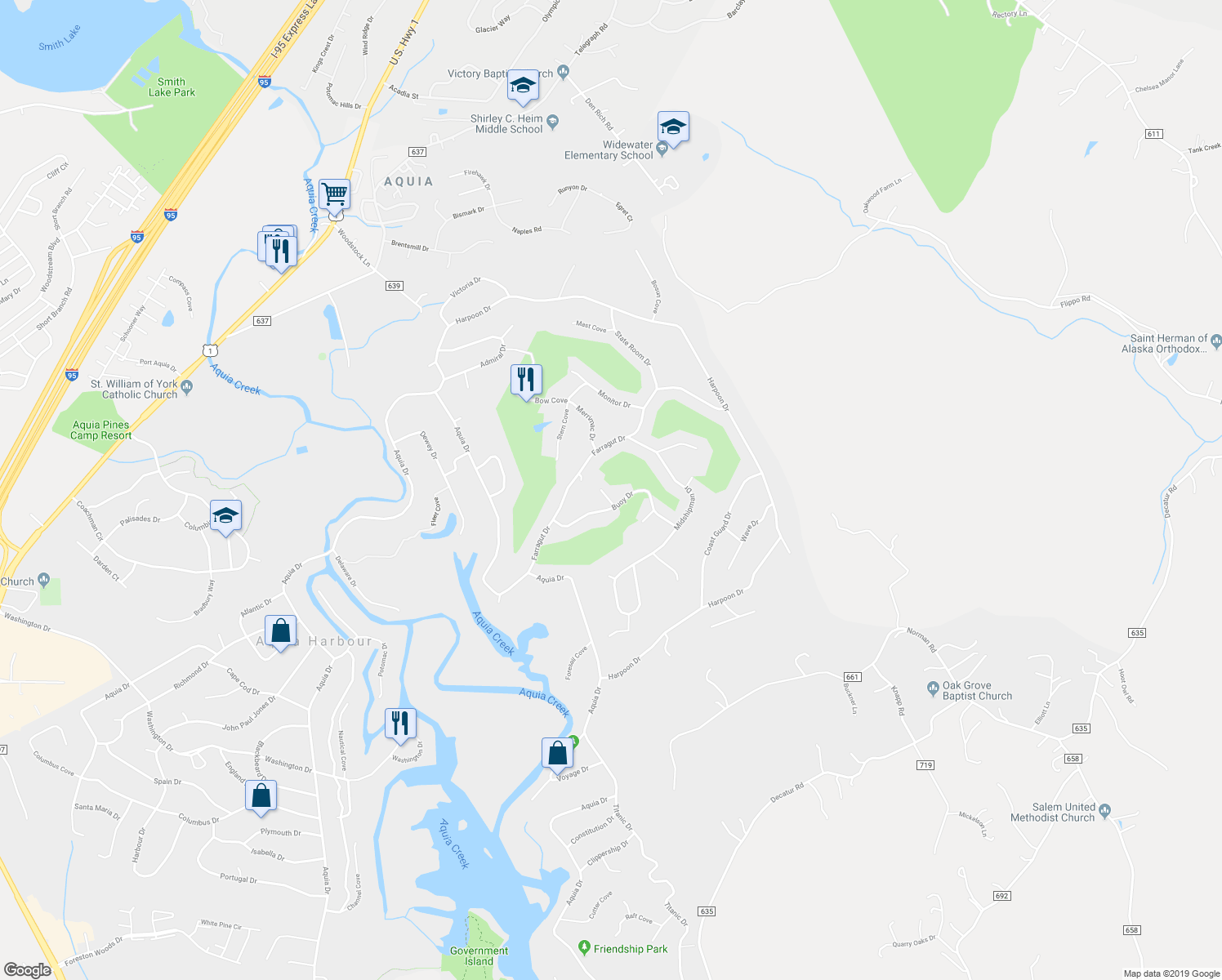 map of restaurants, bars, coffee shops, grocery stores, and more near 203 Manila Cove in Stafford