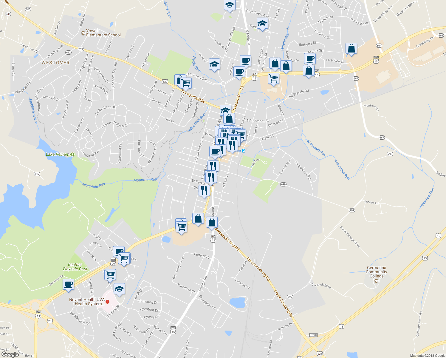 map of restaurants, bars, coffee shops, grocery stores, and more near 702 South East Street in Culpeper