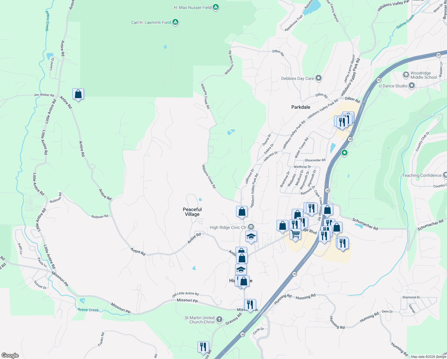 map of restaurants, bars, coffee shops, grocery stores, and more near 2604 Williams Creek Rd in High Ridge