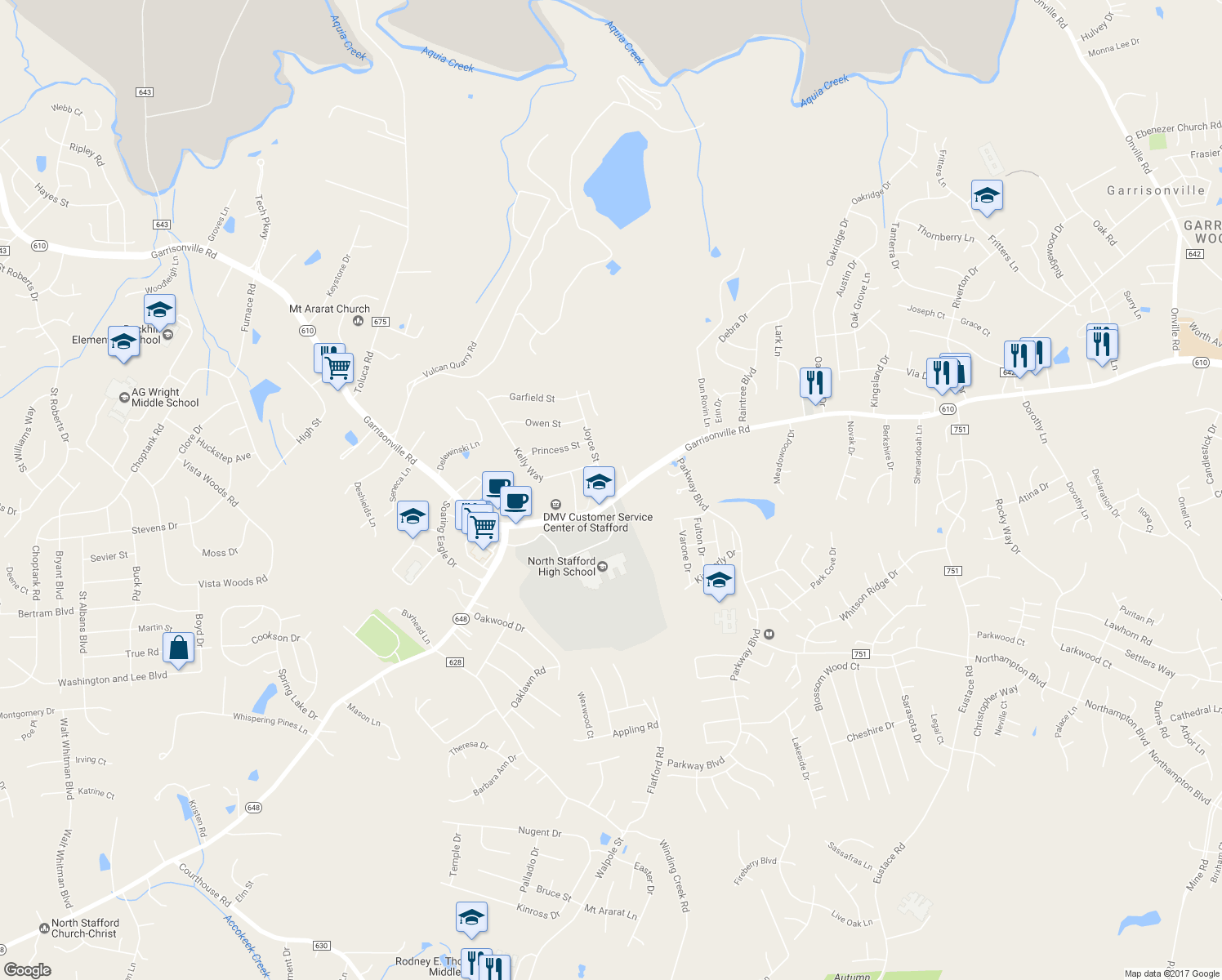 map of restaurants, bars, coffee shops, grocery stores, and more near 2 Joyce Street in Stafford