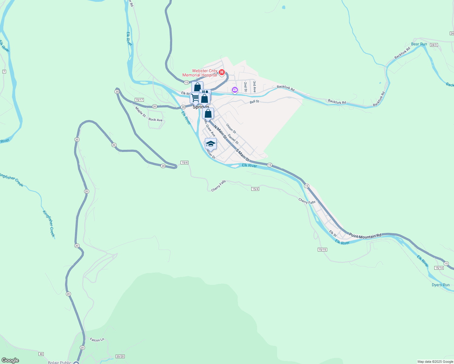 map of restaurants, bars, coffee shops, grocery stores, and more near Cherry Falls in Webster Springs