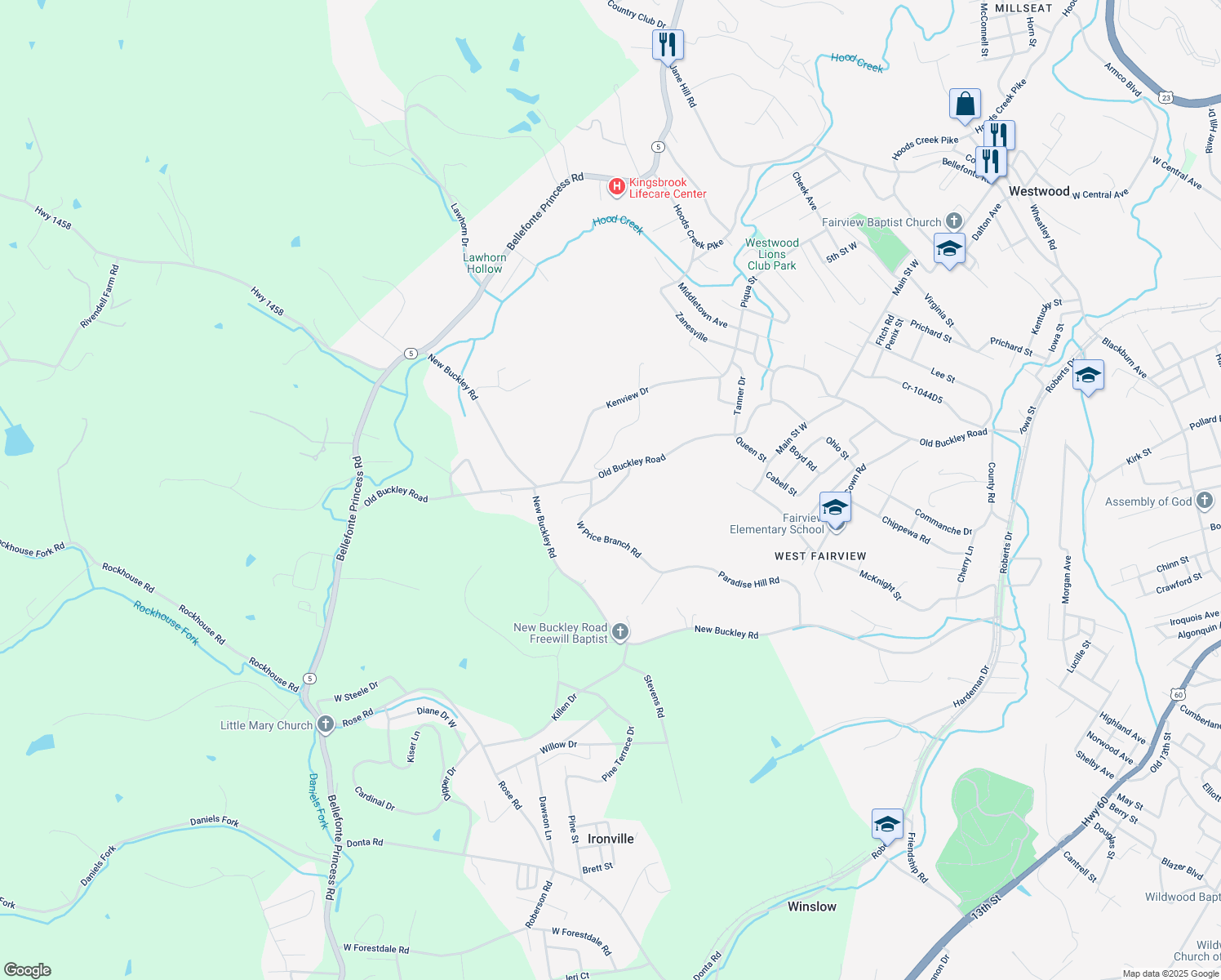 map of restaurants, bars, coffee shops, grocery stores, and more near 1100-1304 West Howard Drive in Ashland