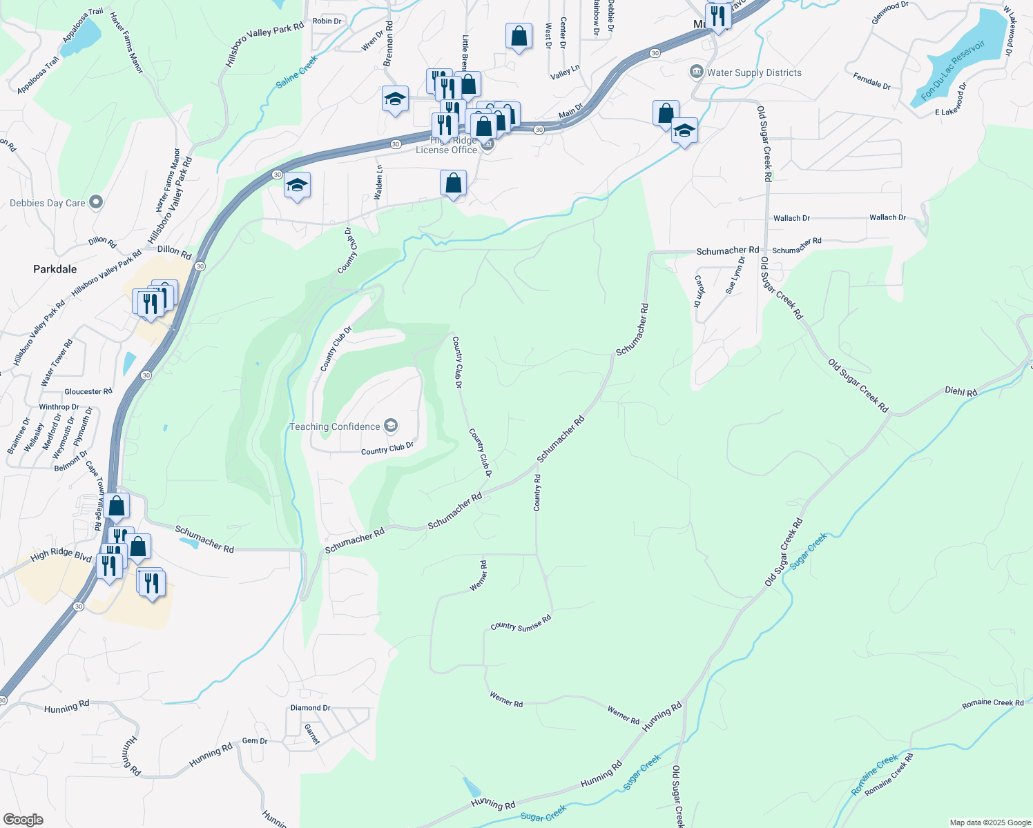 map of restaurants, bars, coffee shops, grocery stores, and more near 2504 Greenway Drive in High Ridge