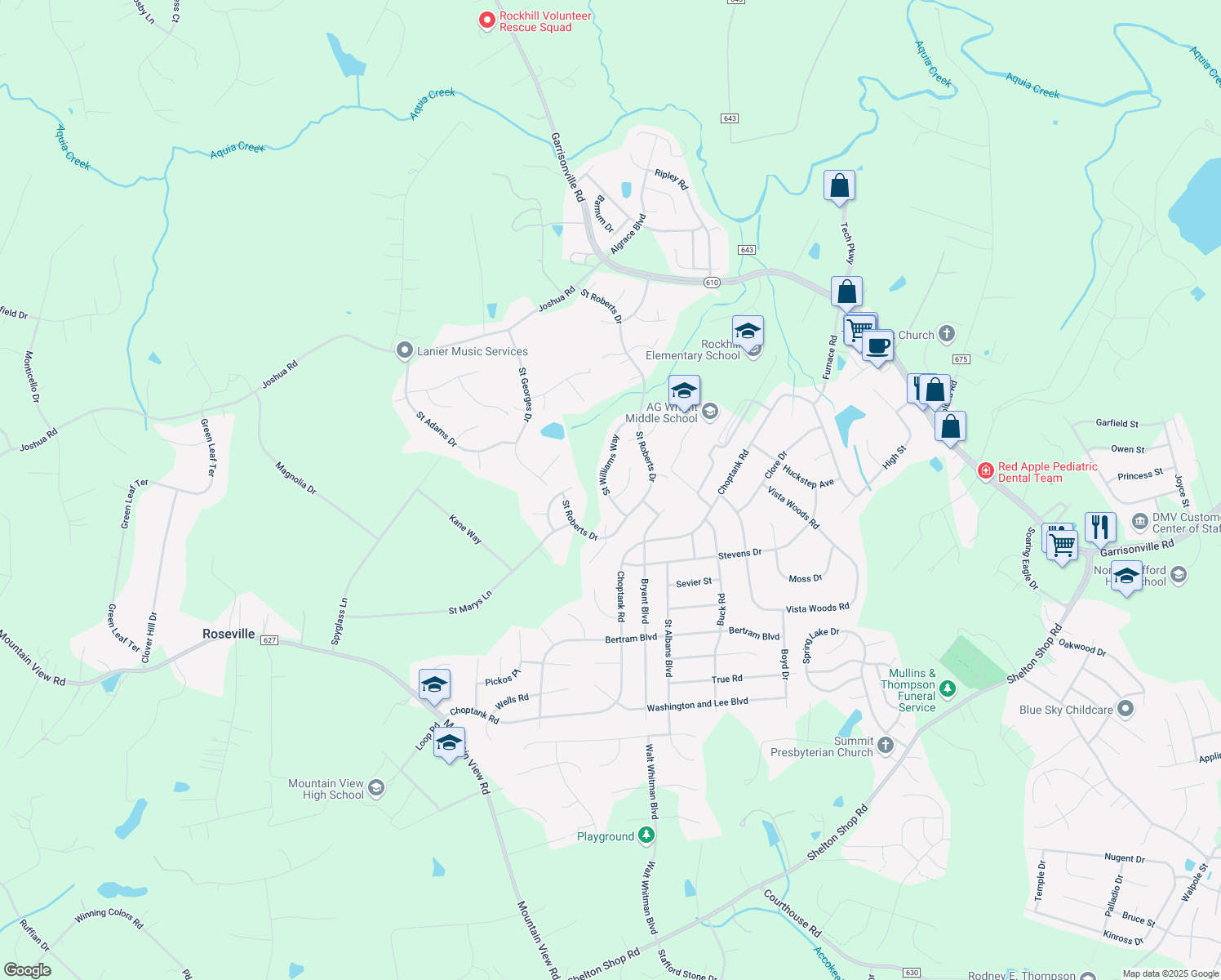 map of restaurants, bars, coffee shops, grocery stores, and more near 41 Saint Williams Way in Stafford