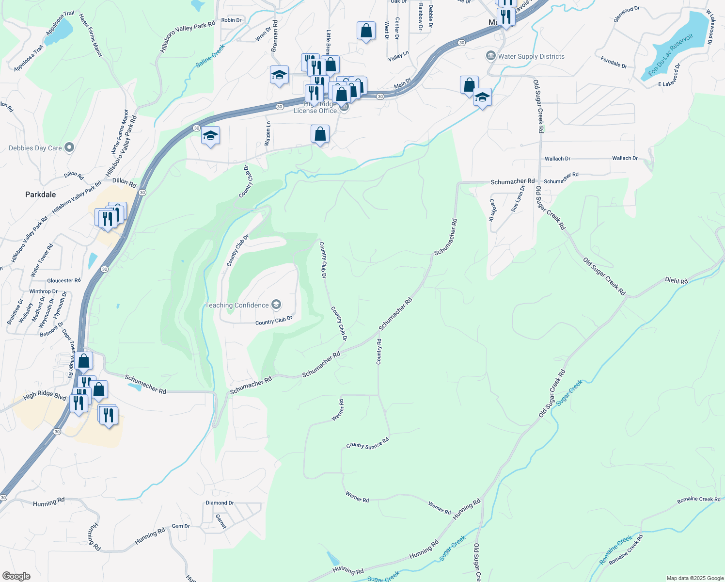 map of restaurants, bars, coffee shops, grocery stores, and more near 2504 Greenway Drive in High Ridge