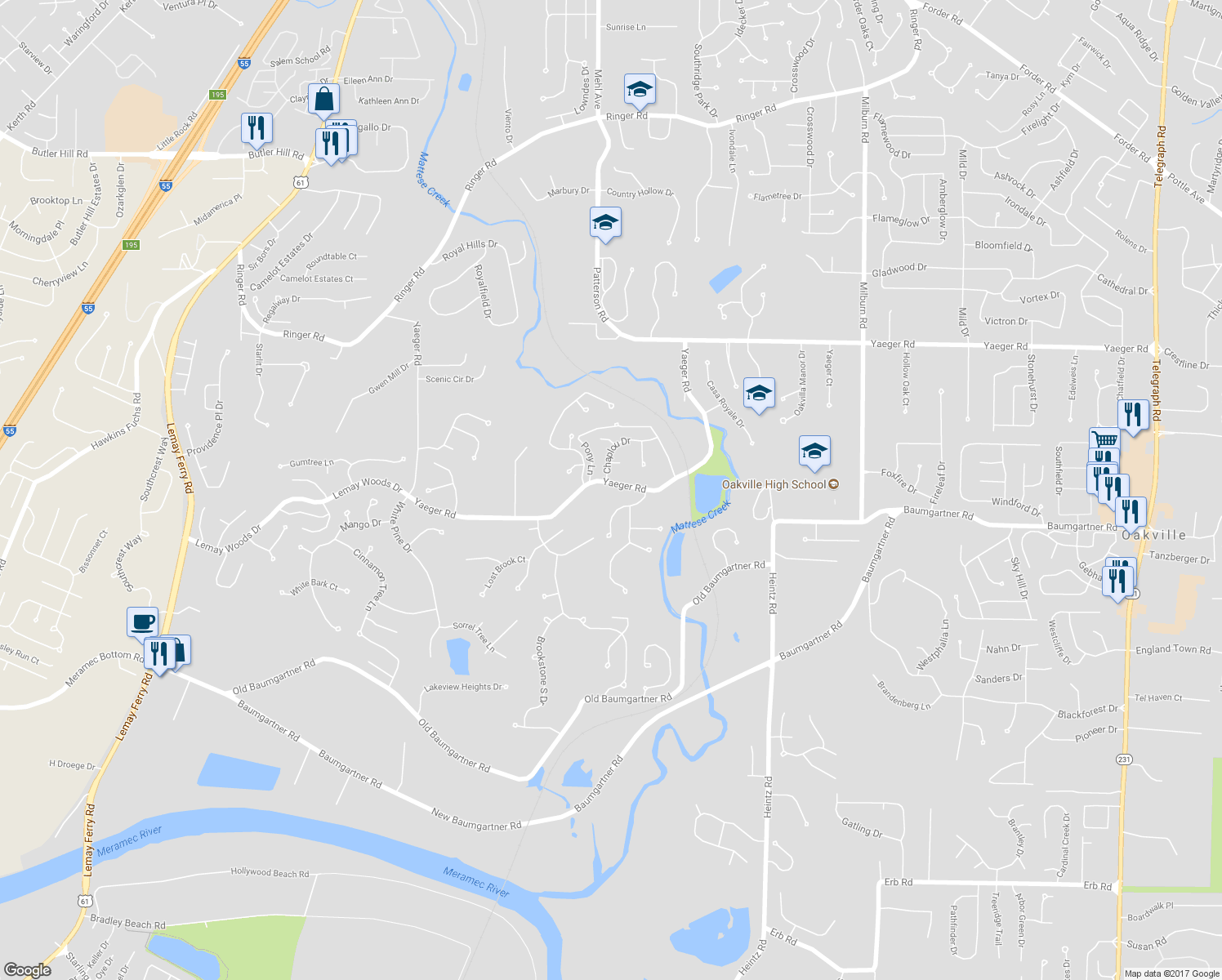 map of restaurants, bars, coffee shops, grocery stores, and more near 3590 Yaeger Road in St. Louis