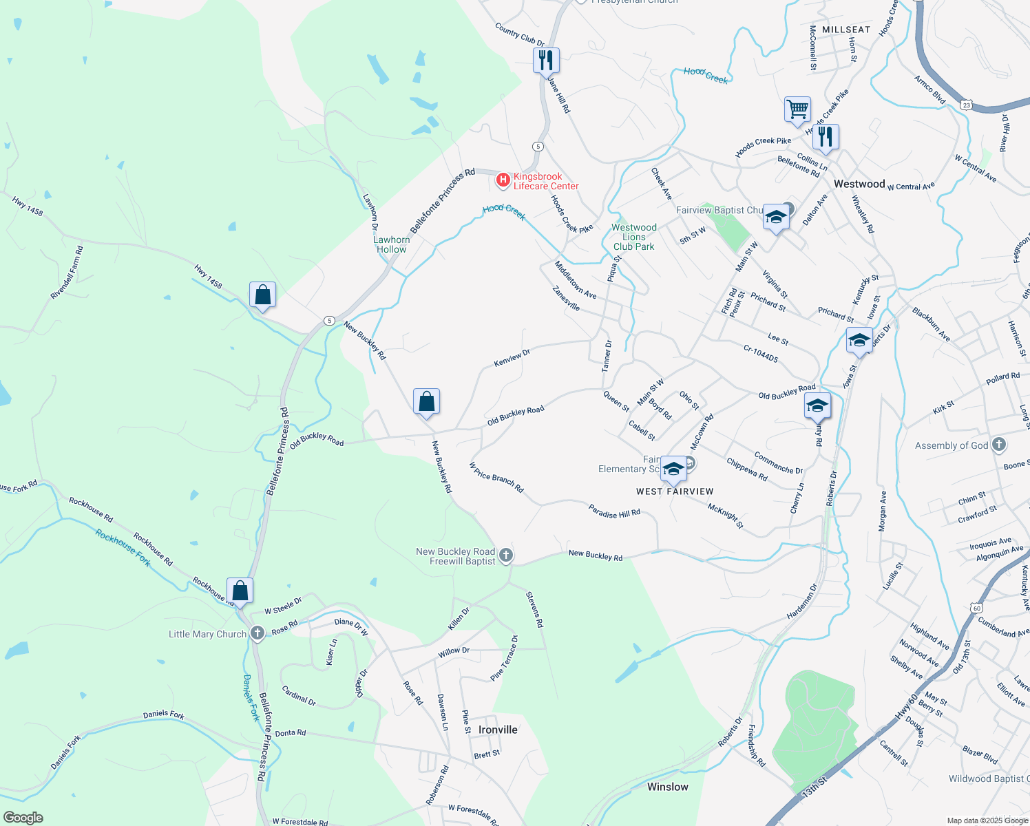 map of restaurants, bars, coffee shops, grocery stores, and more near 1100 West Howard Drive in Ashland