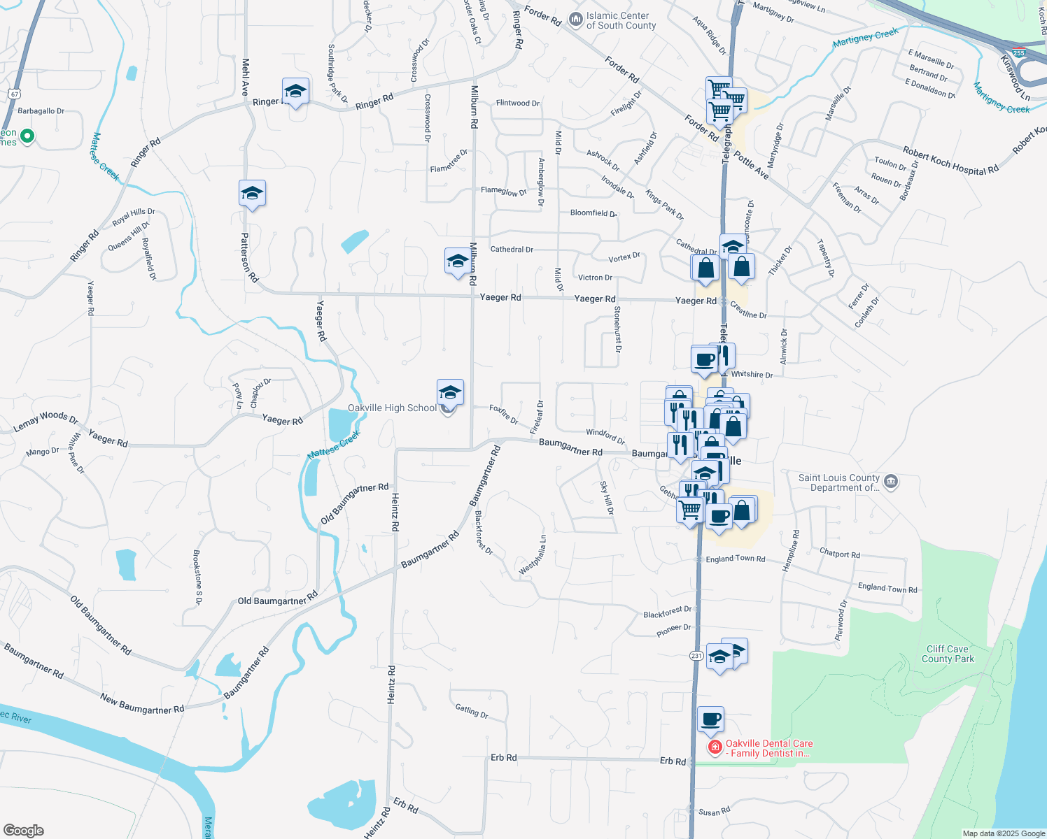 map of restaurants, bars, coffee shops, grocery stores, and more near 5530 Fireridge Court in Saint Louis