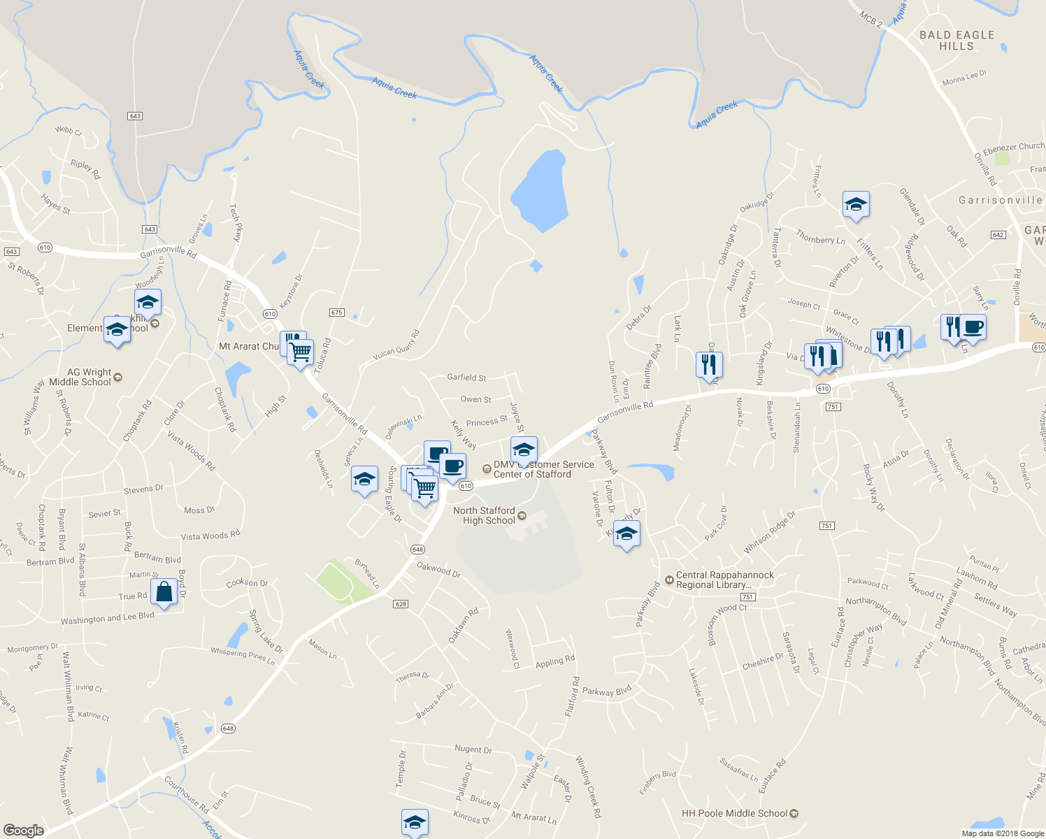 map of restaurants, bars, coffee shops, grocery stores, and more near 16 Joyce Street in Stafford