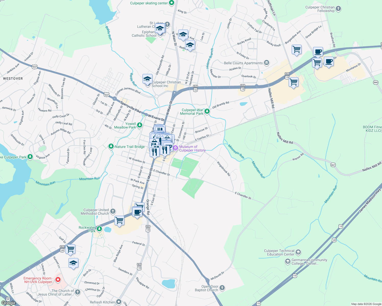 map of restaurants, bars, coffee shops, grocery stores, and more near 637 E Spencer St in Culpeper