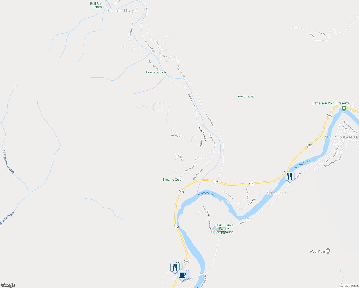 map of restaurants, bars, coffee shops, grocery stores, and more near 5 Madrone Drive in Cazadero