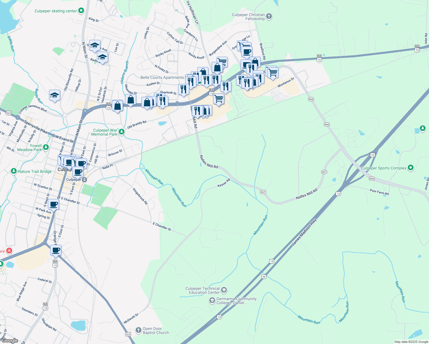 map of restaurants, bars, coffee shops, grocery stores, and more near 15304 Nalles Mill Road in Culpeper