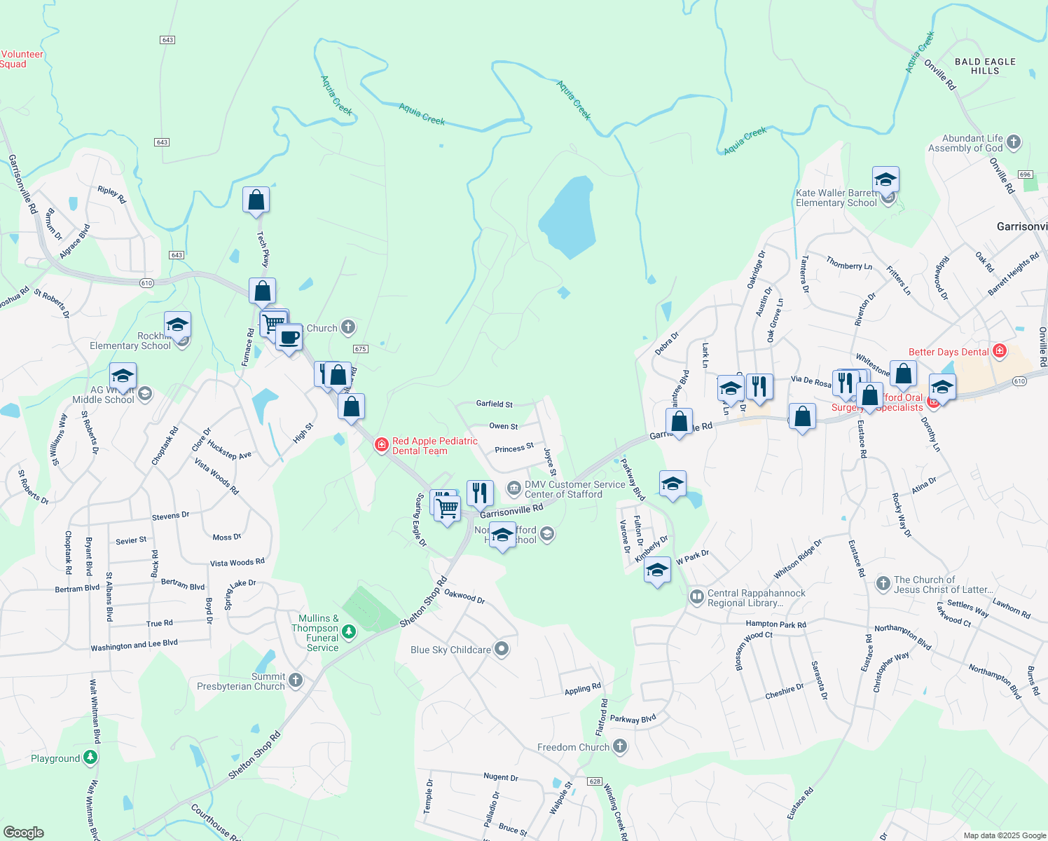 map of restaurants, bars, coffee shops, grocery stores, and more near 6 Owen Street in Stafford