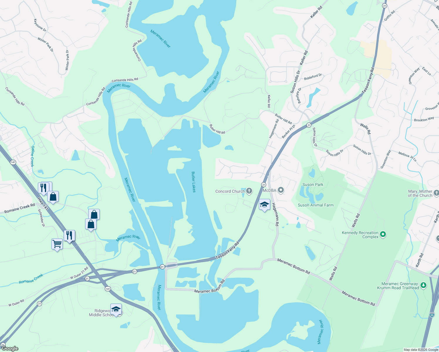 map of restaurants, bars, coffee shops, grocery stores, and more near 13748 La Conte Court in St. Louis