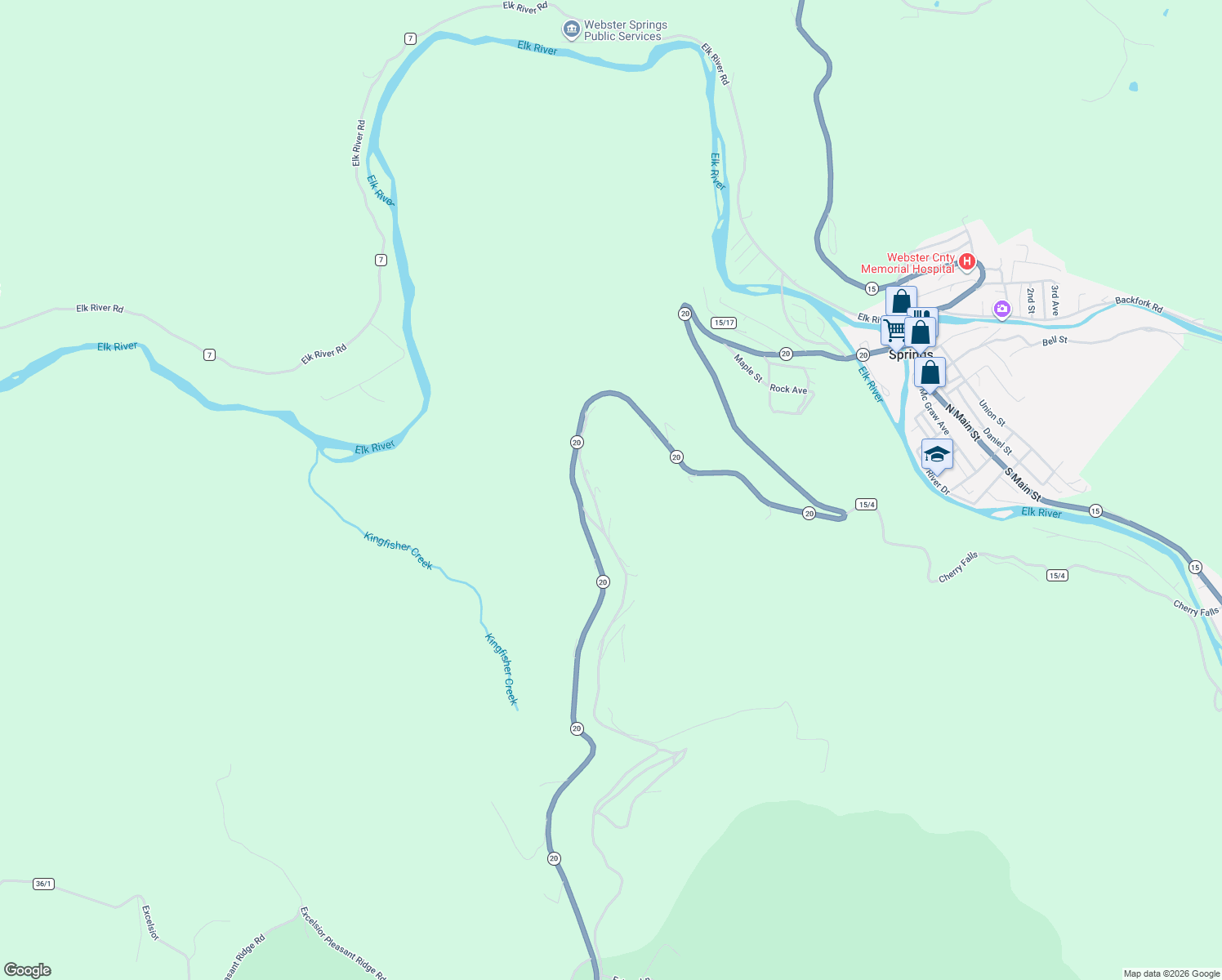 map of restaurants, bars, coffee shops, grocery stores, and more near 105 Kingfisher Road in Webster Springs