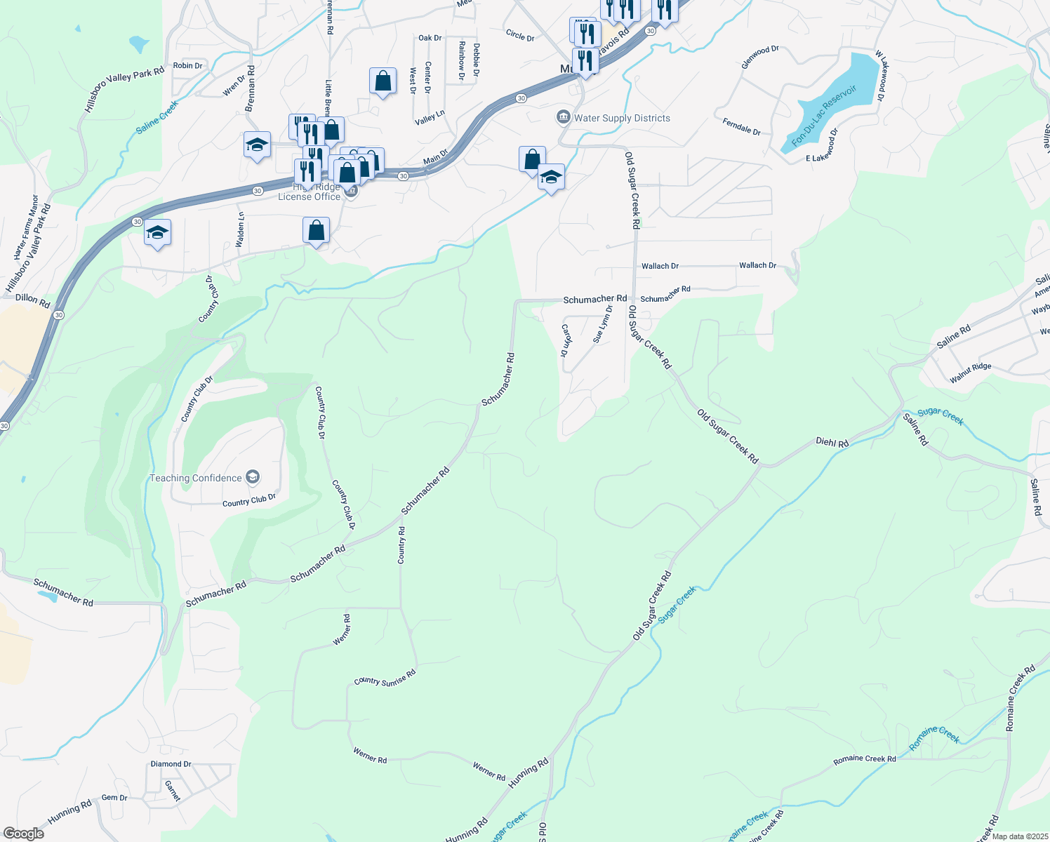 map of restaurants, bars, coffee shops, grocery stores, and more near 2533 Tricia Lane in High Ridge